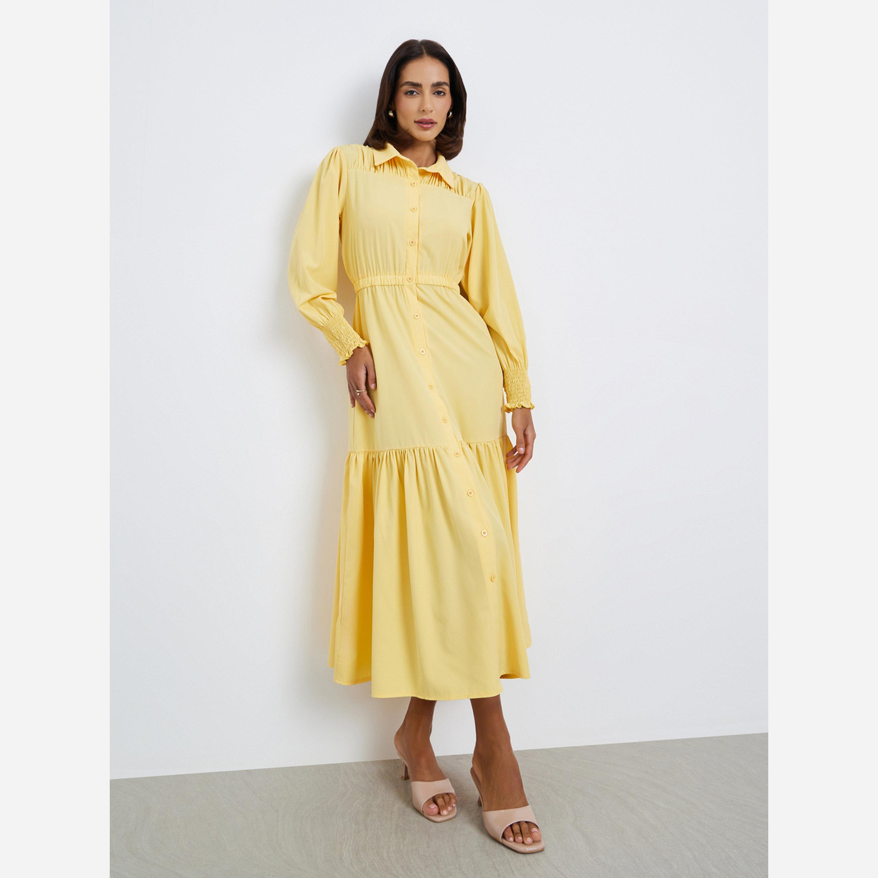 Styli Solid Casual Shirt Gathered Midi Dress-women-clothing-dresses-image-3