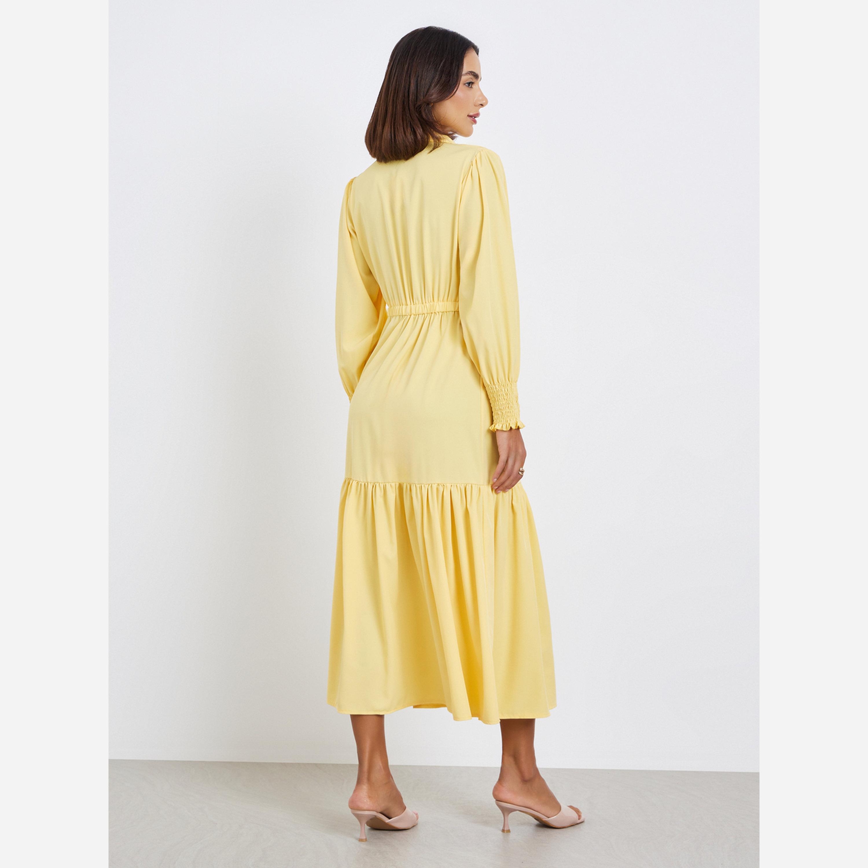 Styli Solid Casual Shirt Gathered Midi Dress-women-clothing-dresses-image-4