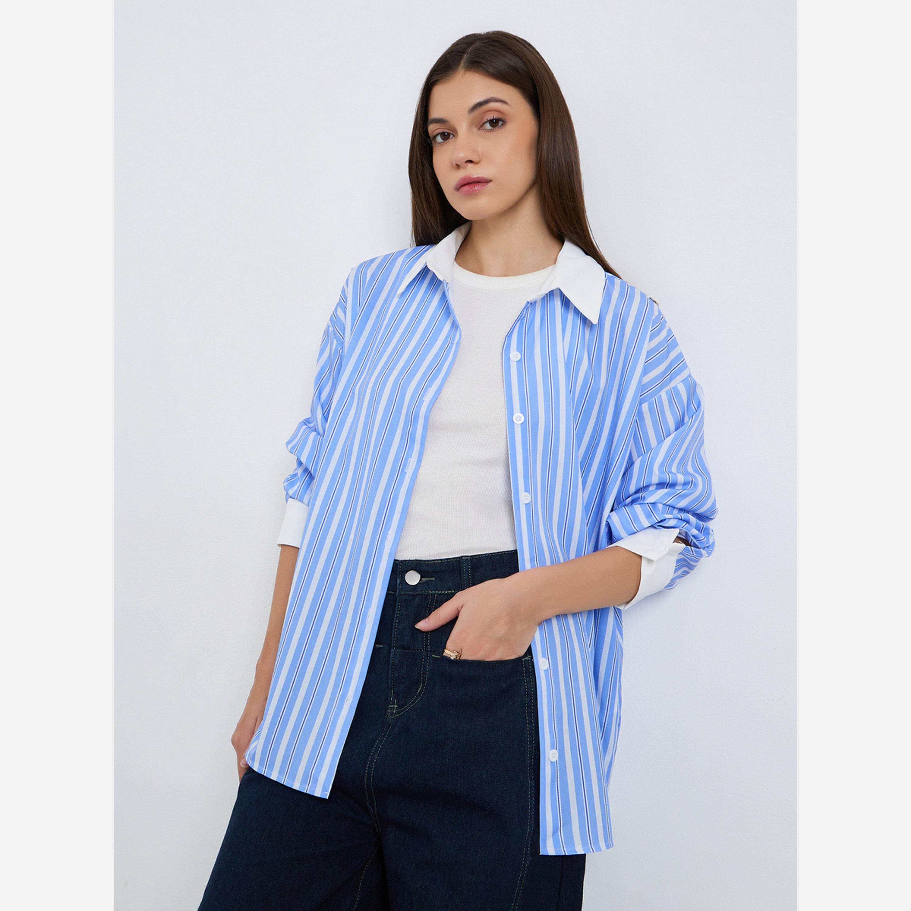 Styli Solid Striped contrasting casual oversized shirt-women-clothing-shirtsandblouses-shirts-image-1