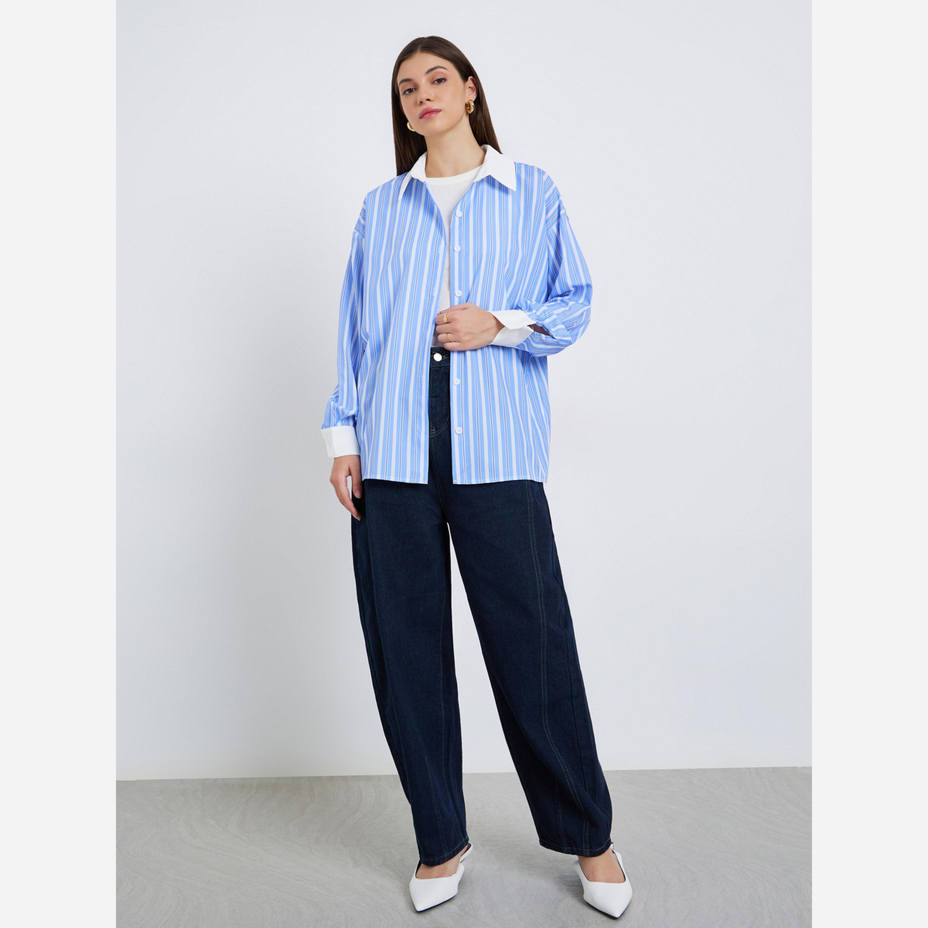 Styli Solid Striped contrasting casual oversized shirt-women-clothing-shirtsandblouses-shirts-image-2