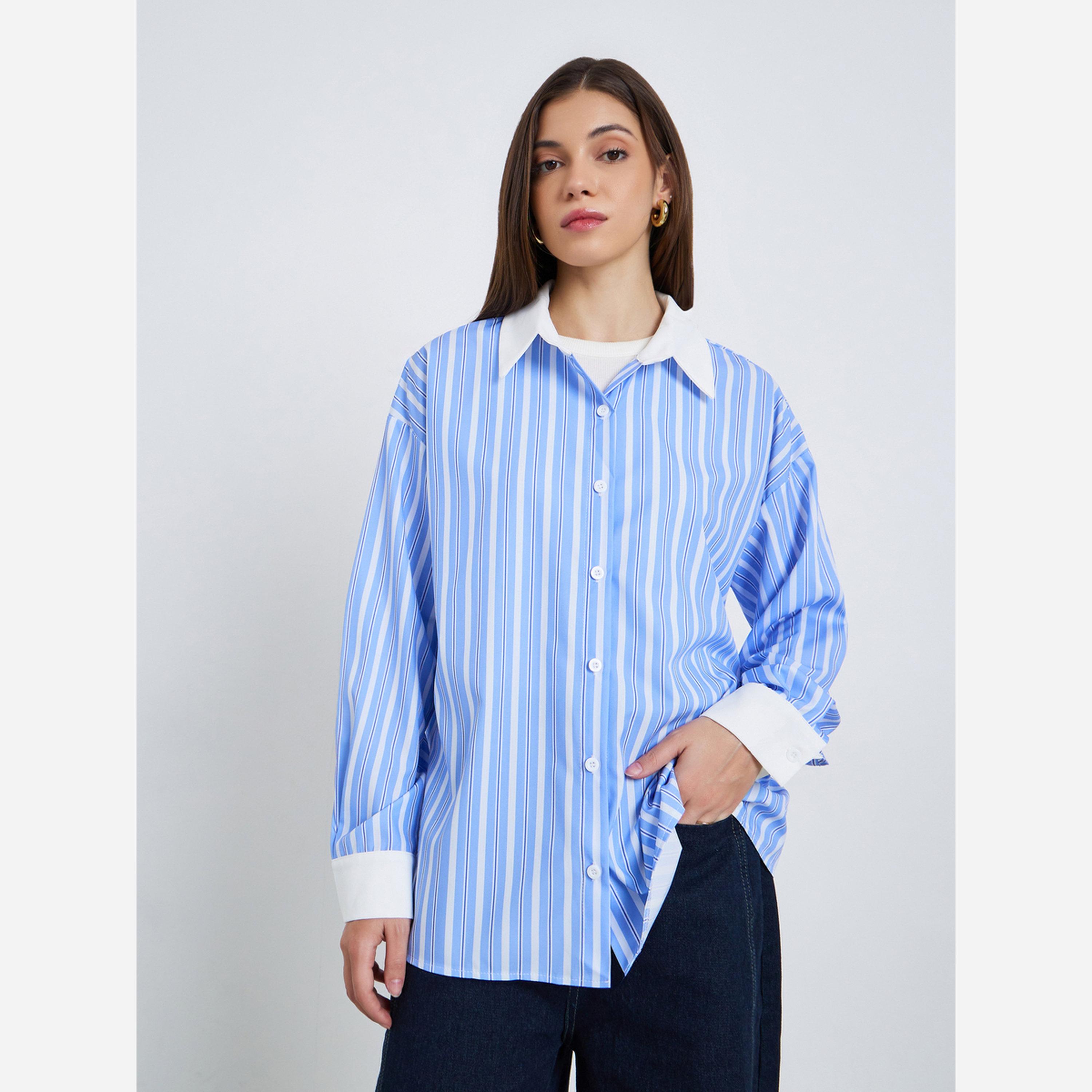 ستايلي - قميص كاجوال مقاس واسع مخطط لون سادة-women-clothing-shirtsandblouses-shirts-image-3