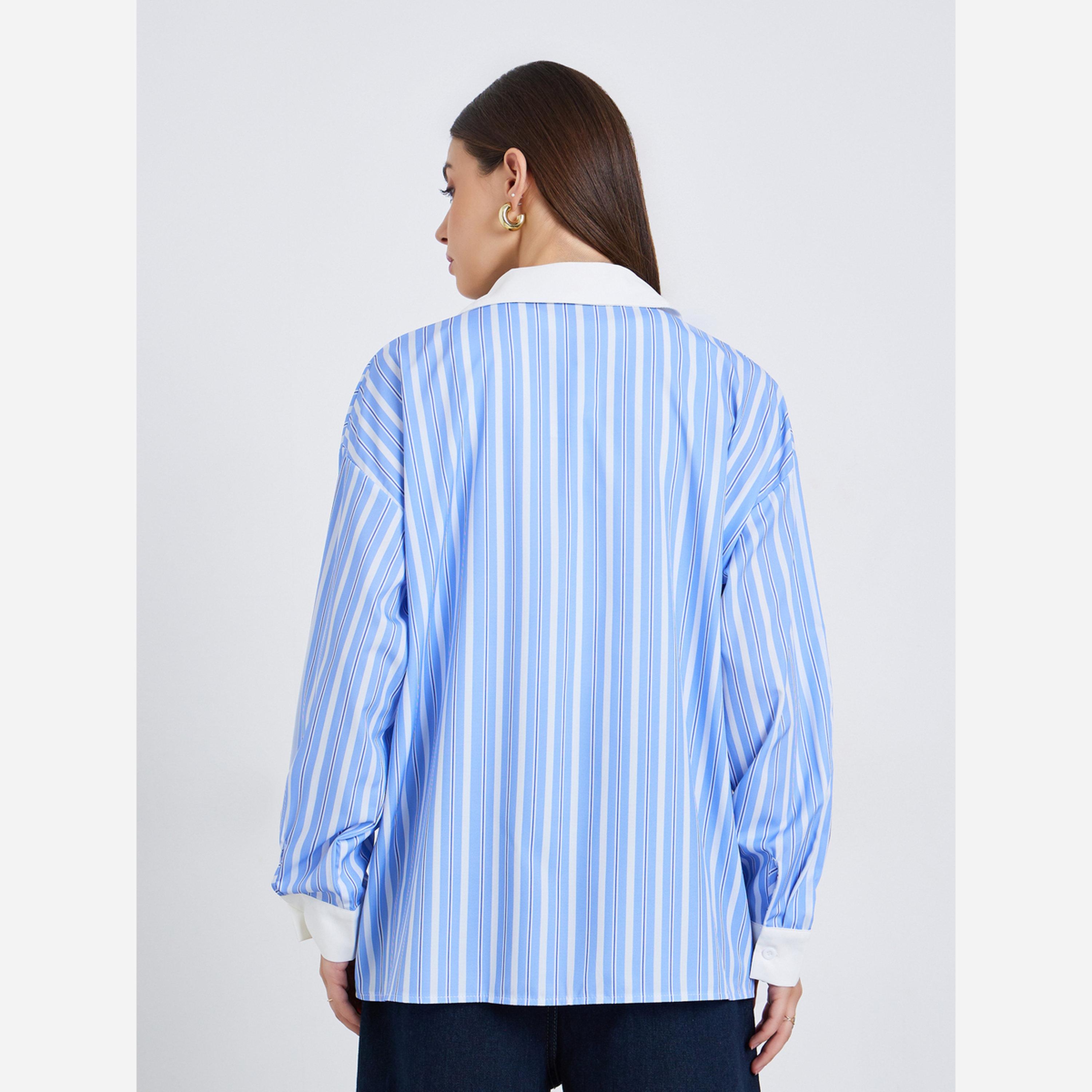 ستايلي - قميص كاجوال مقاس واسع مخطط لون سادة-women-clothing-shirtsandblouses-shirts-image-4