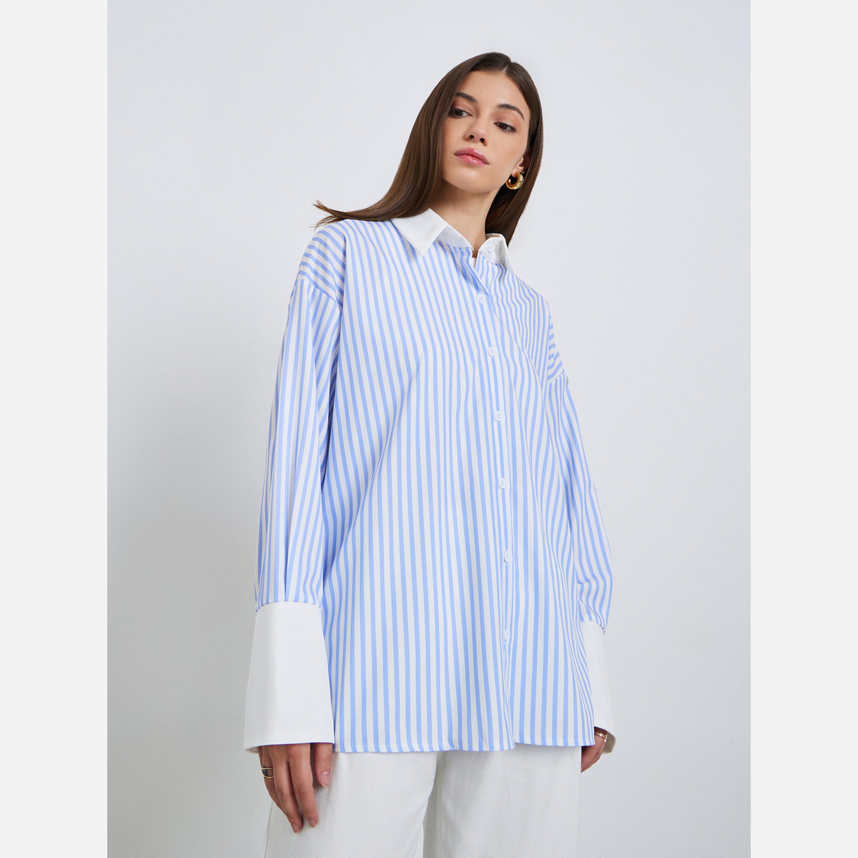 Styli Solid Striped contrasting casual oversized shirt-women-clothing-shirtsandblouses-shirts-image-1