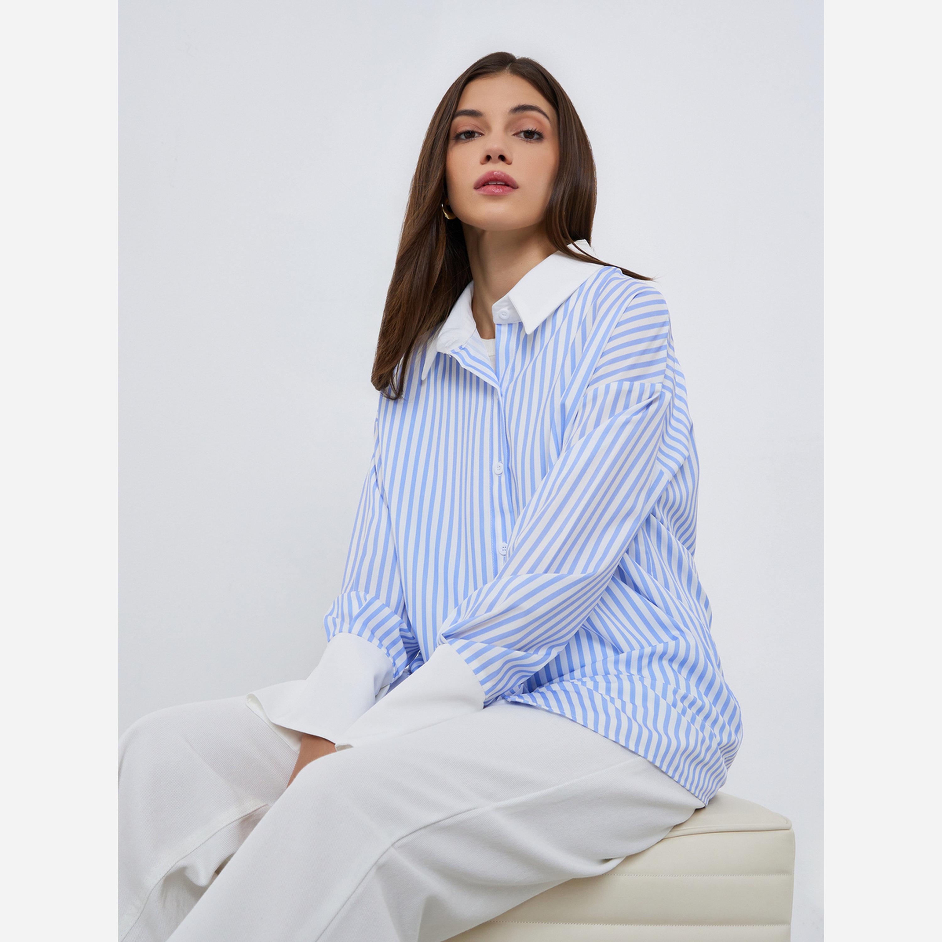 Styli Solid Striped contrasting casual oversized shirt-women-clothing-shirtsandblouses-shirts-image-3