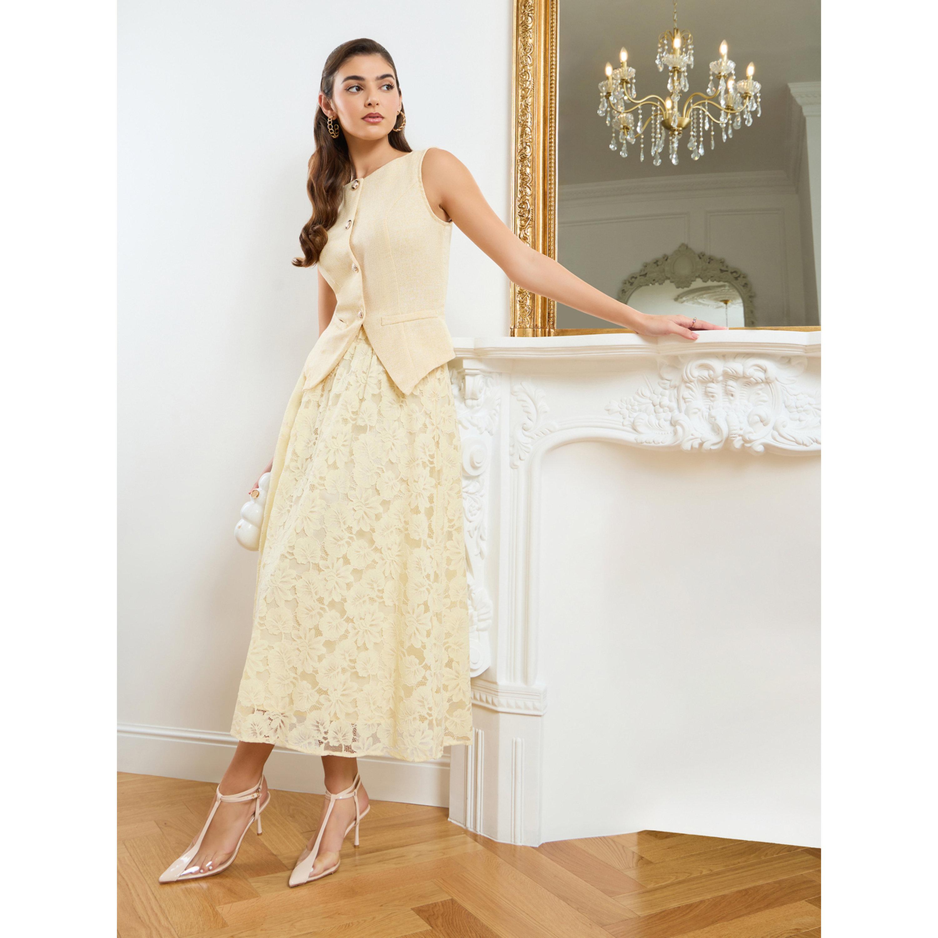 Styli Women Yellow Lace Flared Midi Skirt-women-clothing-bottoms-skirts-image-2