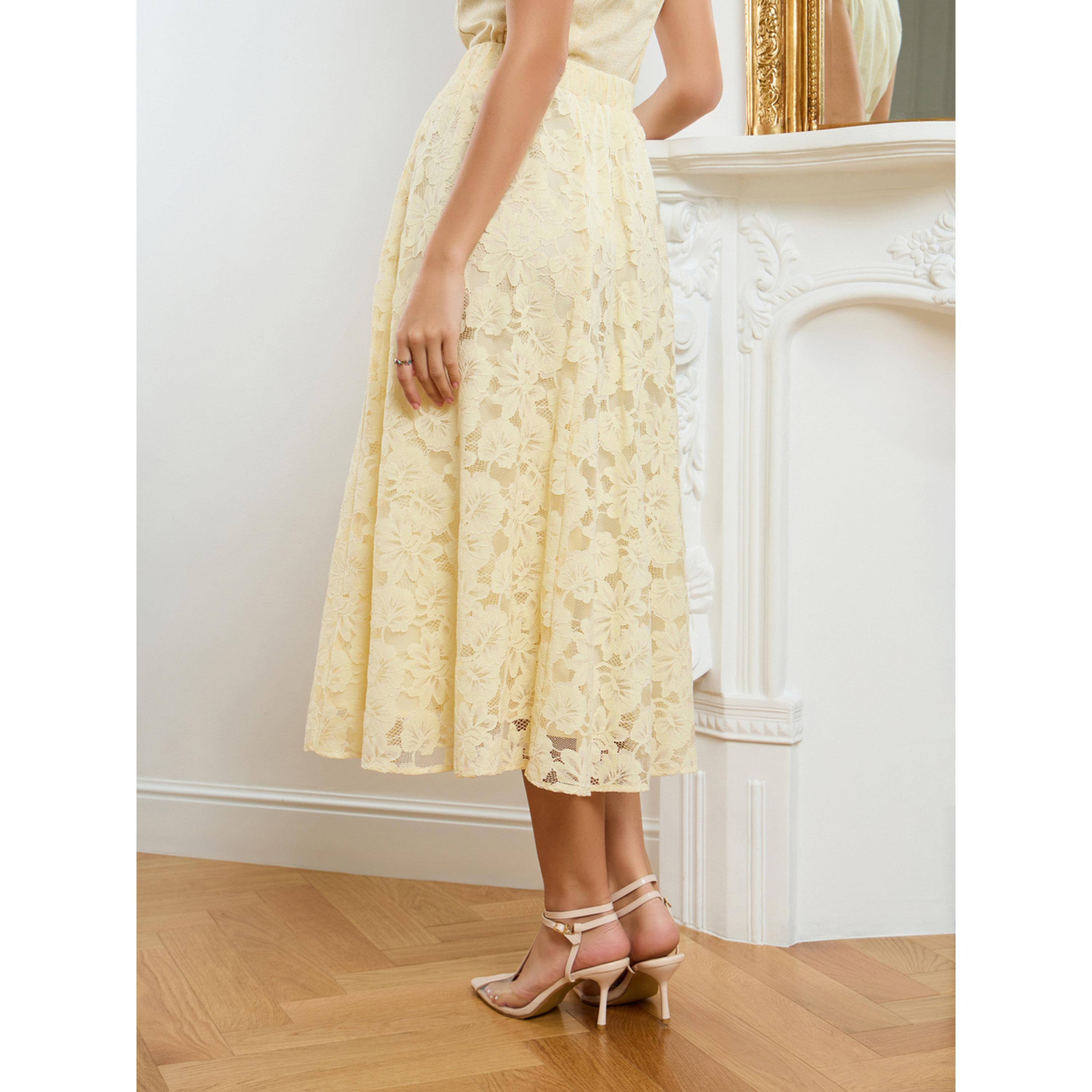 Styli Women Yellow Lace Flared Midi Skirt-women-clothing-bottoms-skirts-image-4