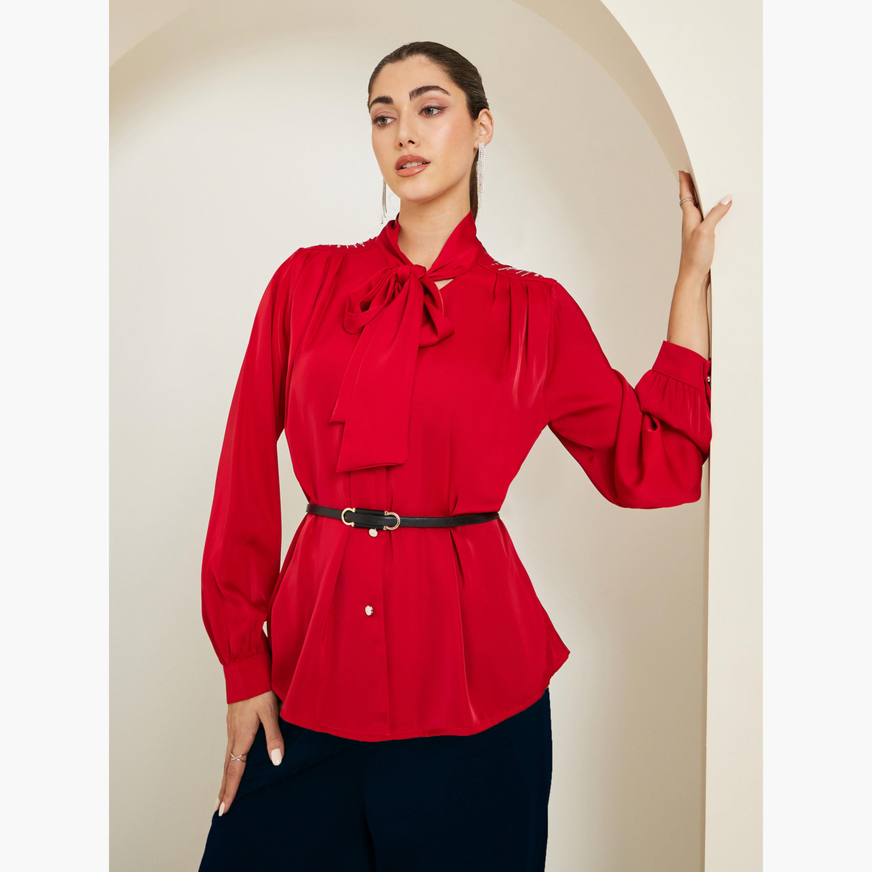 بلوزة بأزرار ورباط عنق-women-clothing-shirtsandblouses-blouses-image-1