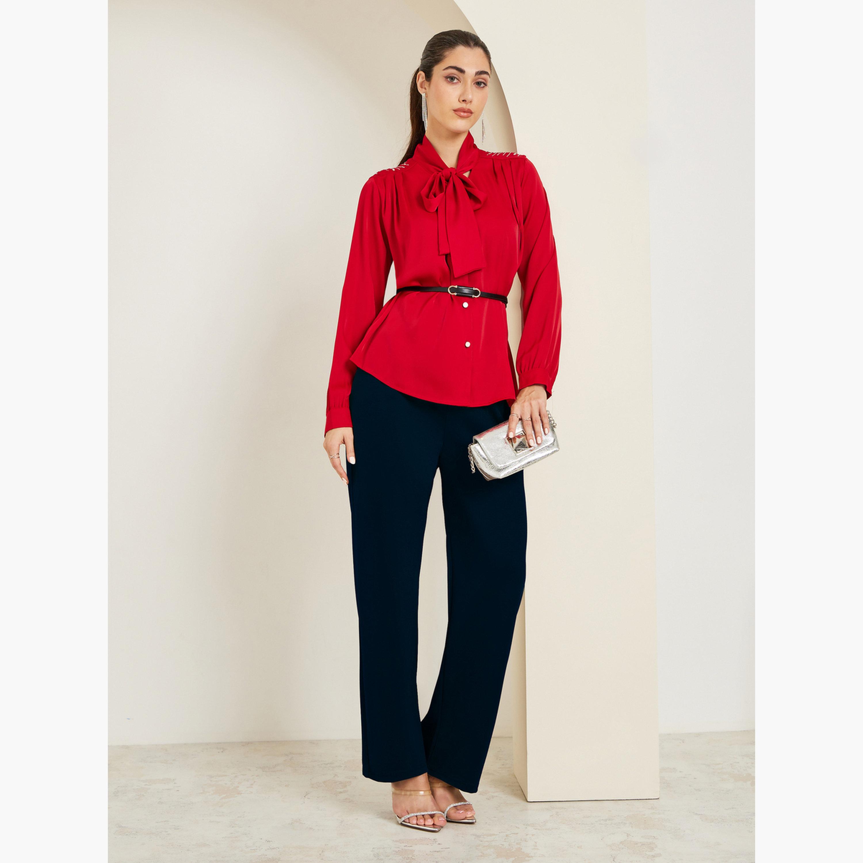 Styli Women Red Tie-Up Neck Buttoned Blouse-women-clothing-shirtsandblouses-blouses-image-2