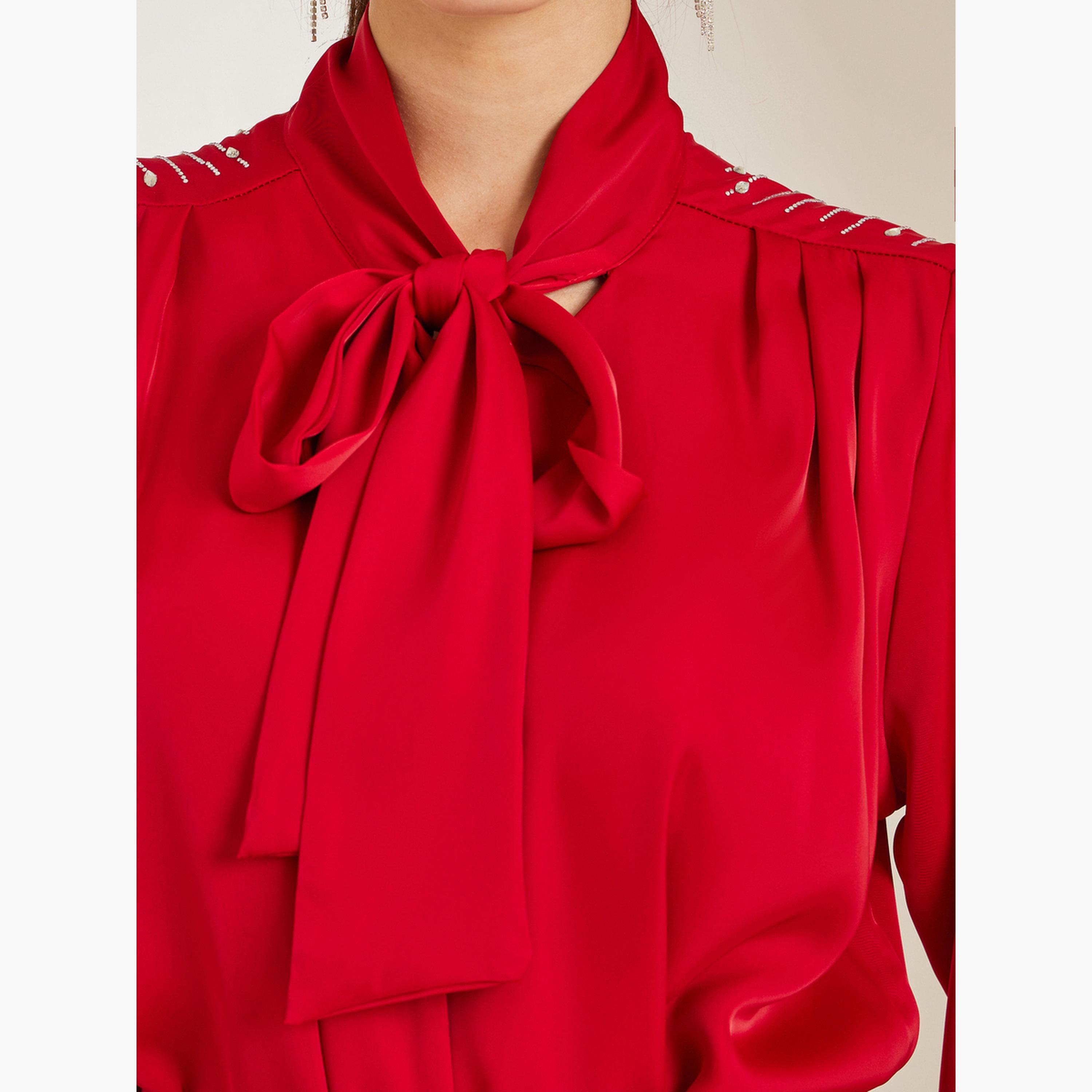 Styli Women Red Tie-Up Neck Buttoned Blouse-women-clothing-shirtsandblouses-blouses-image-3