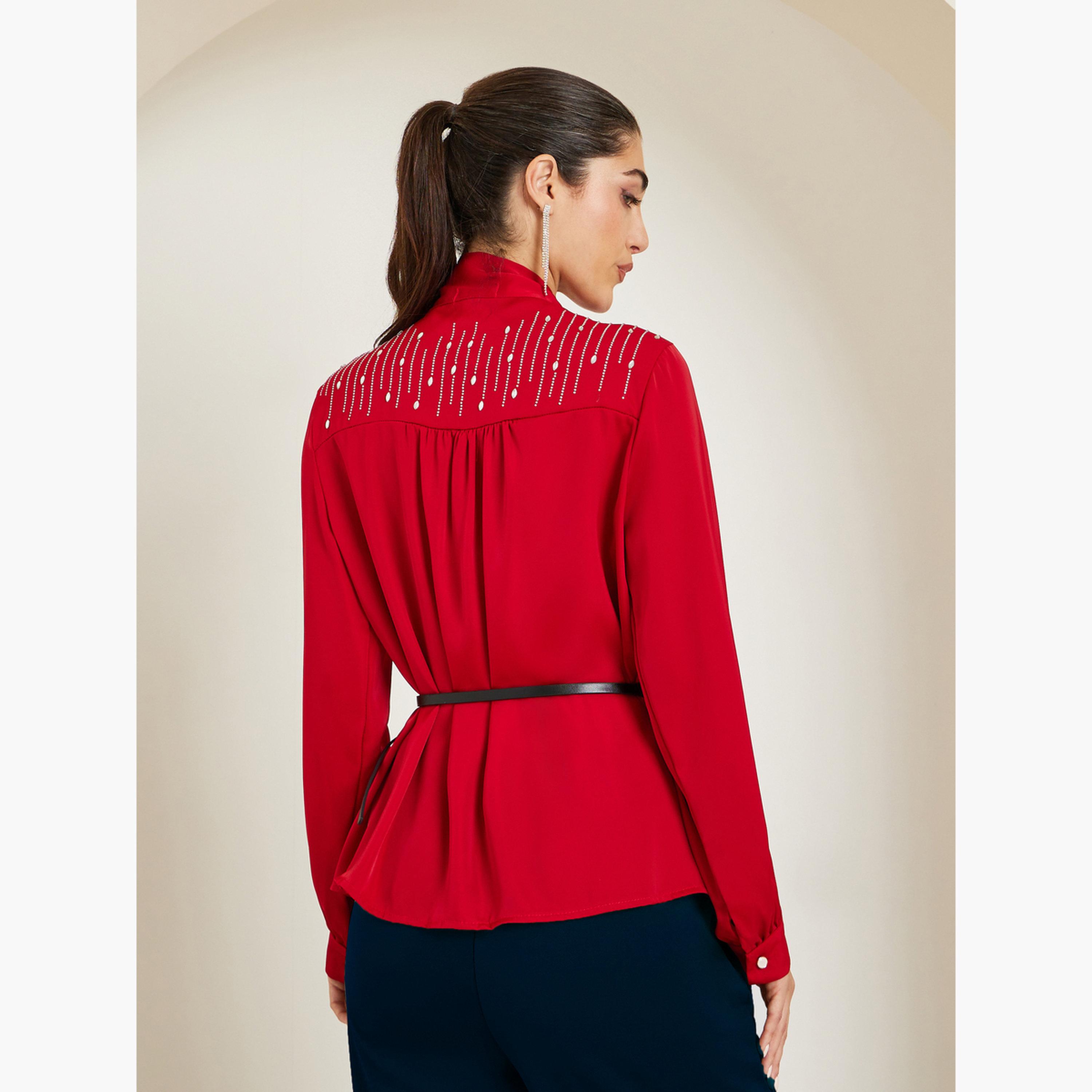Styli Women Red Tie-Up Neck Buttoned Blouse-women-clothing-shirtsandblouses-blouses-image-4
