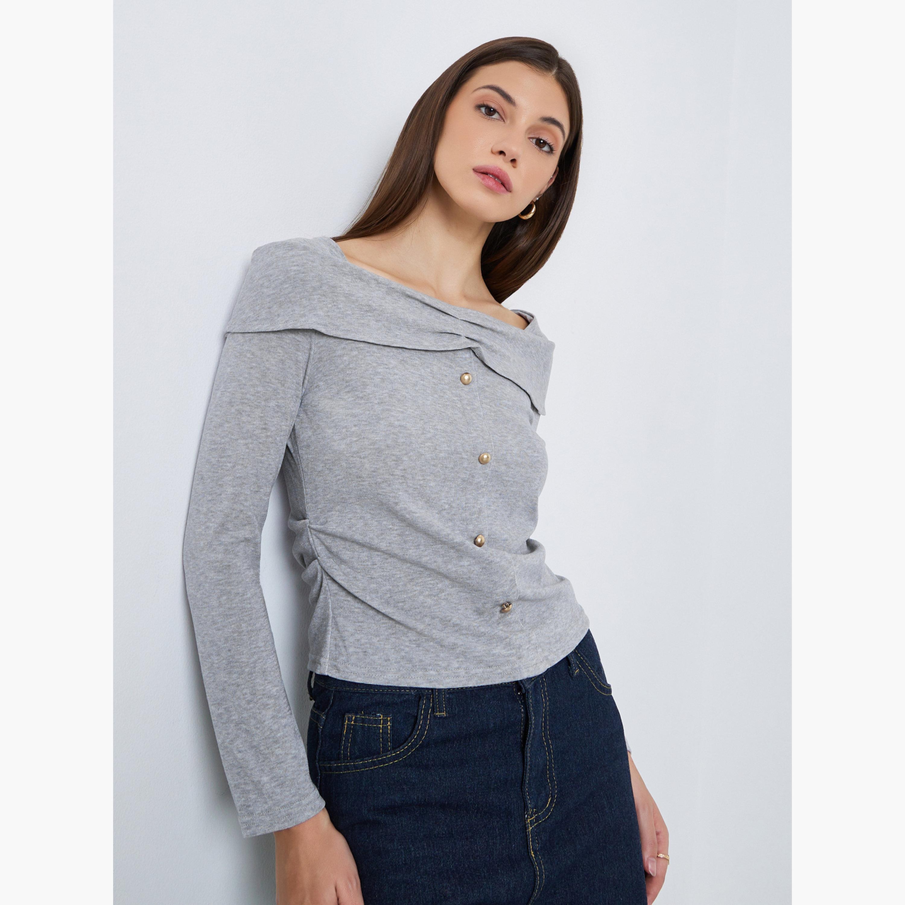 بلوزة رمادي بأكمام طويلة وتفاصيل أزرار-women-clothing-tshirts-image-1