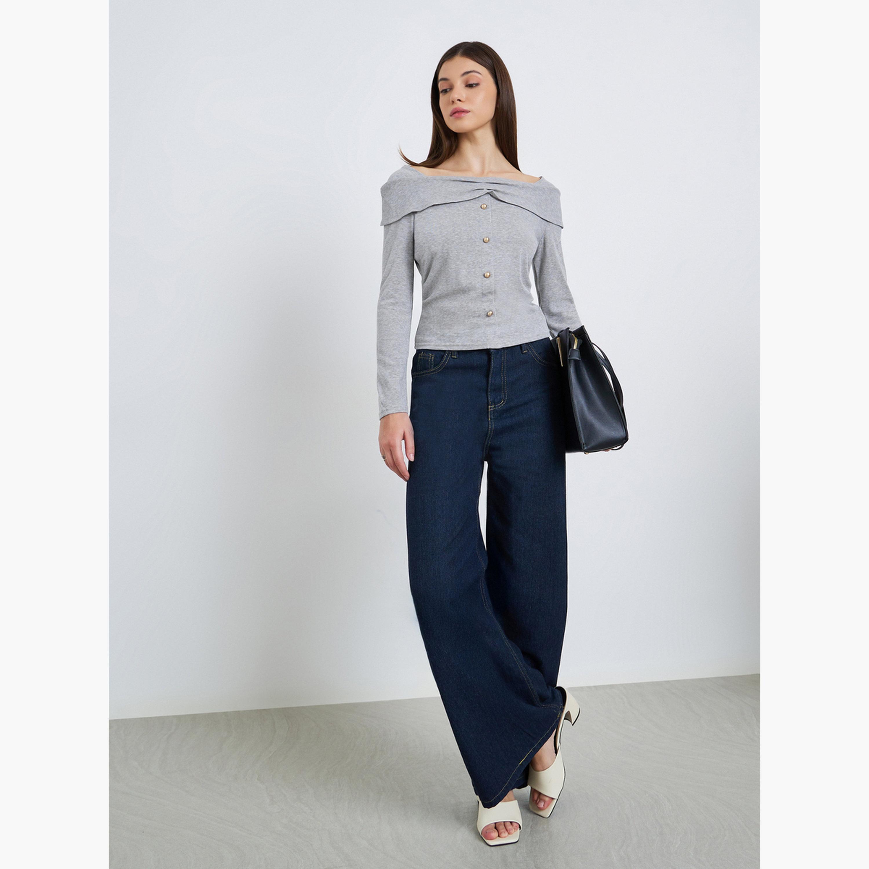 بلوزة رمادي بأكمام طويلة وتفاصيل أزرار-women-clothing-tshirts-image-2