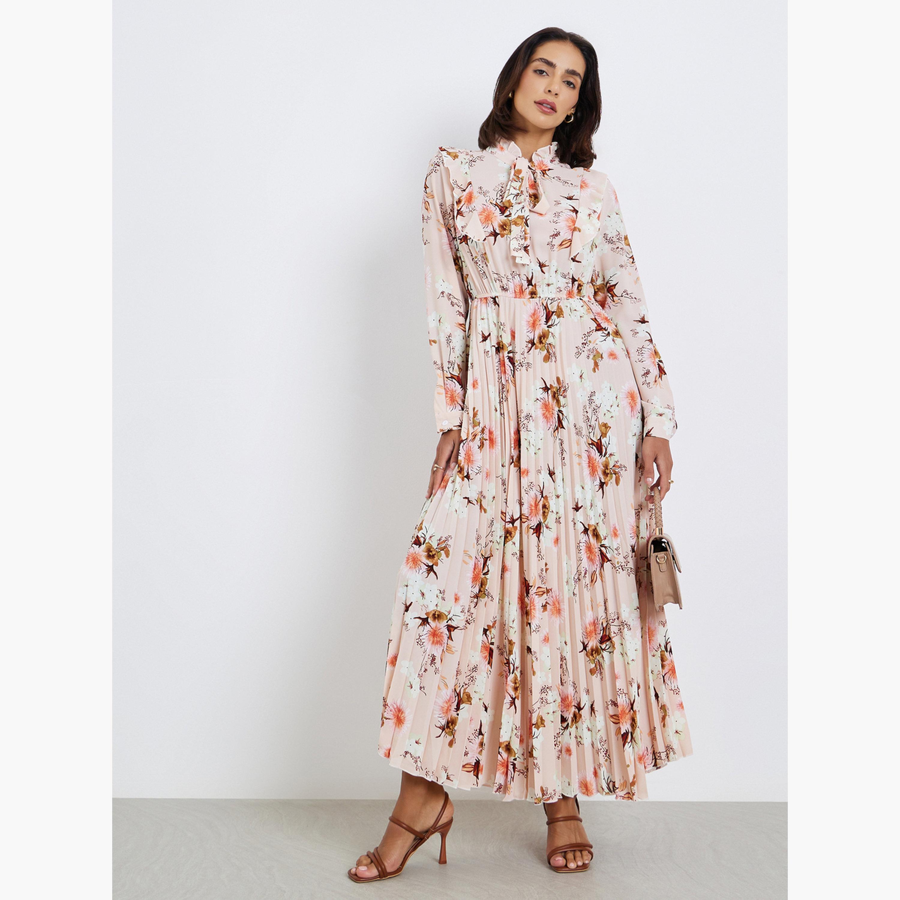 Styli Women Floral Print Tie-Up Neck Pleated Maxi Dress-women-clothing-dresses-image-1