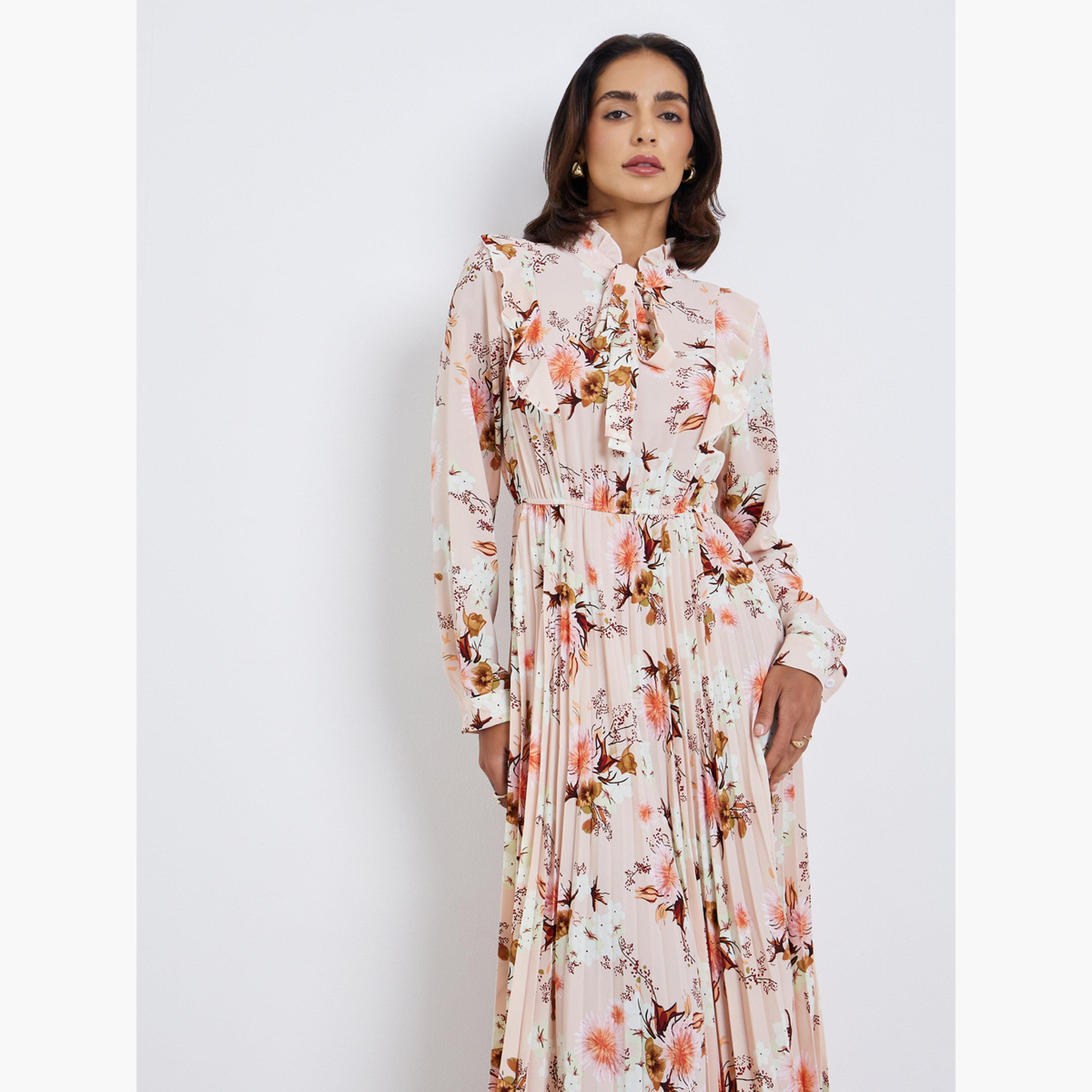 Styli Women Floral Print Tie-Up Neck Pleated Maxi Dress-women-clothing-dresses-image-2