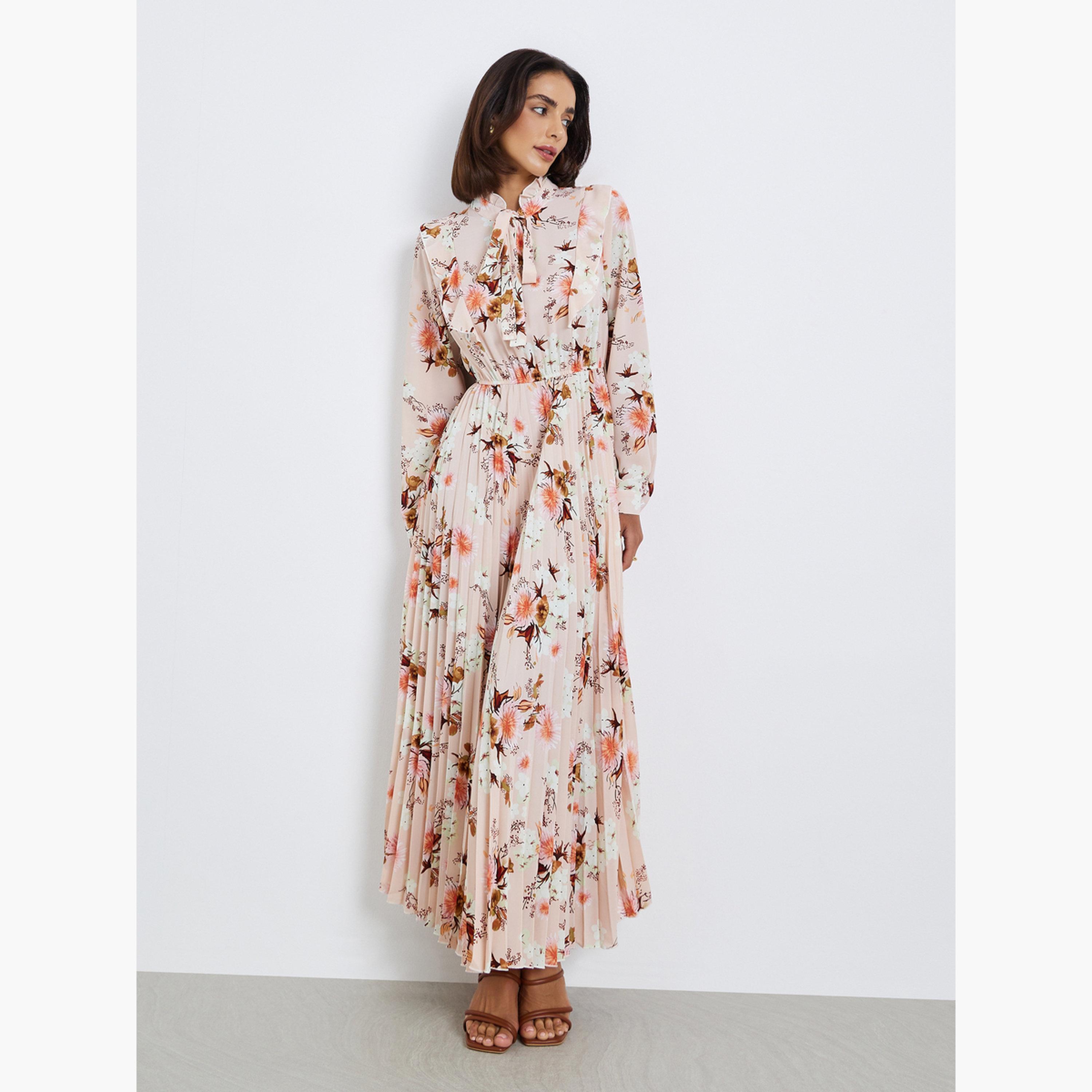 Styli Women Floral Print Tie-Up Neck Pleated Maxi Dress-women-clothing-dresses-image-3