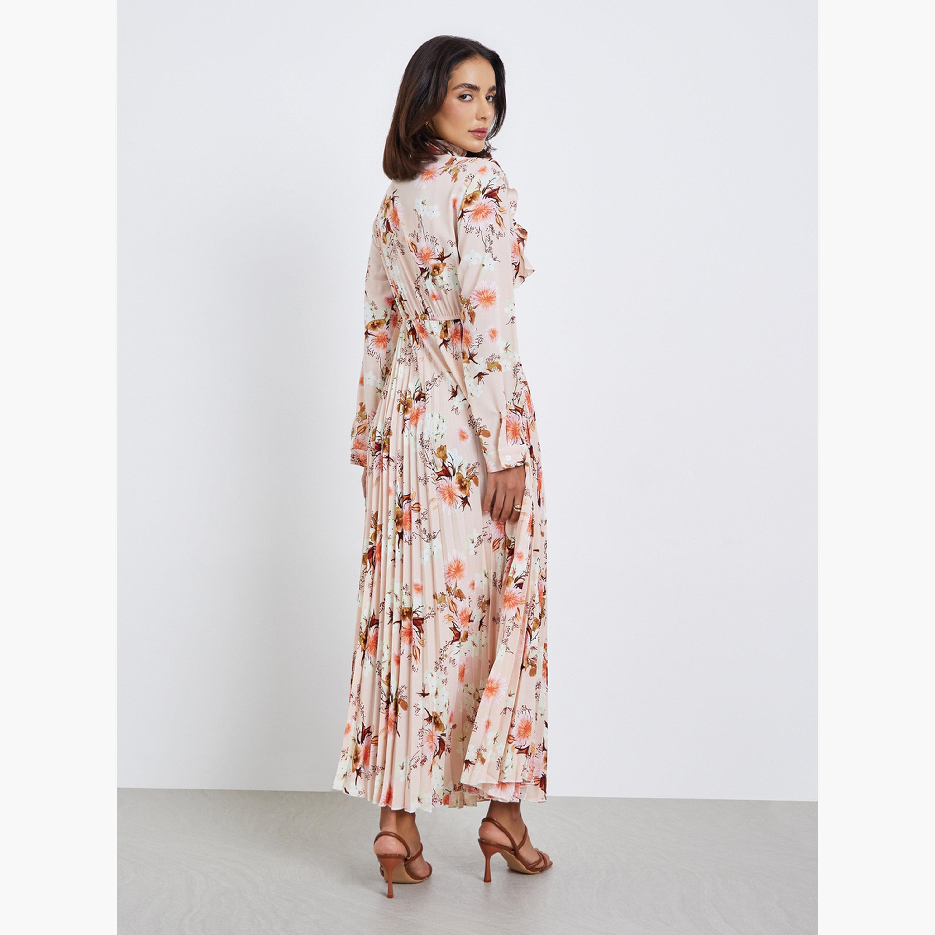 Styli Women Floral Print Tie-Up Neck Pleated Maxi Dress-women-clothing-dresses-image-4