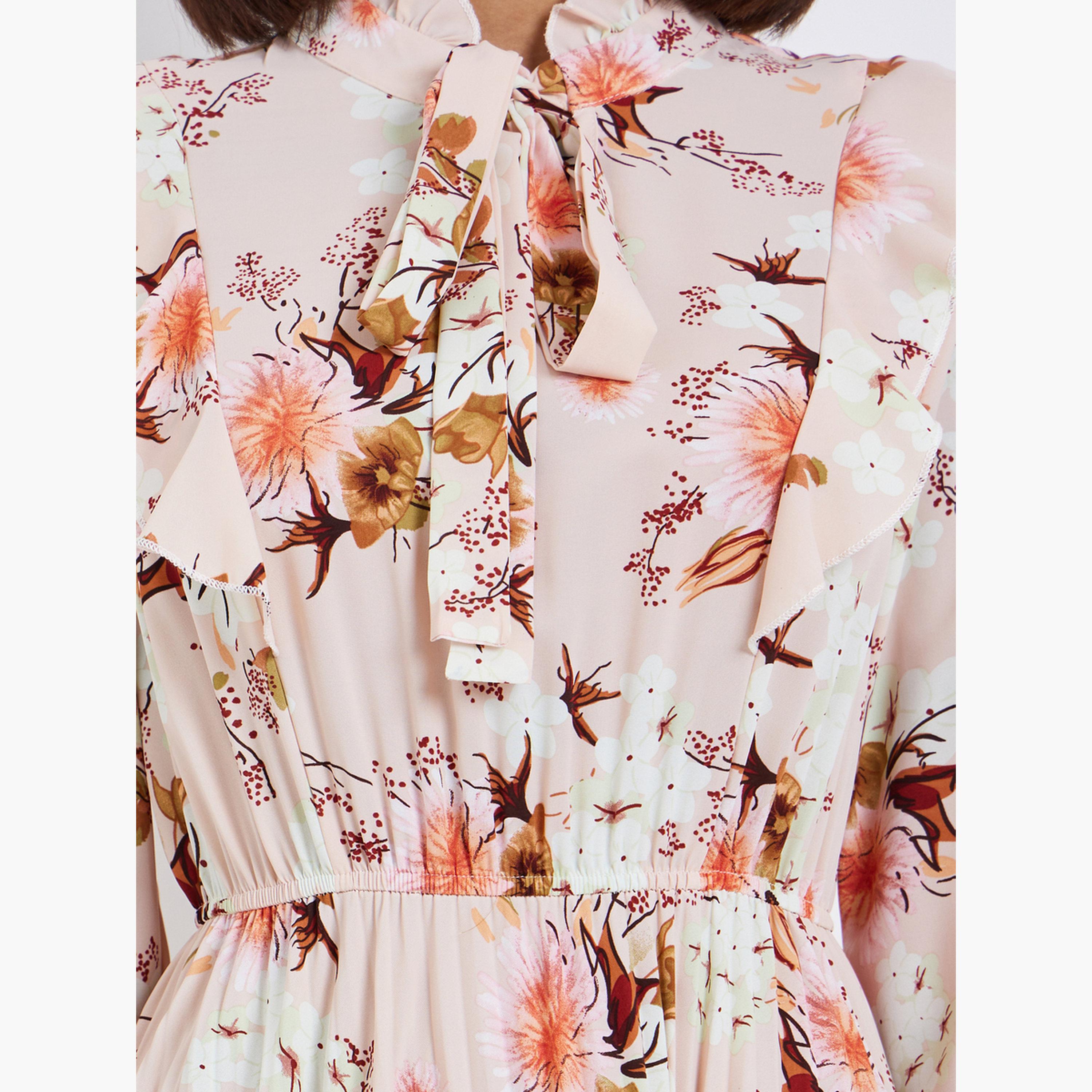 فستان طويل بكسرات ورباط عنق مع طبعة زهور-women-clothing-dresses-image-5
