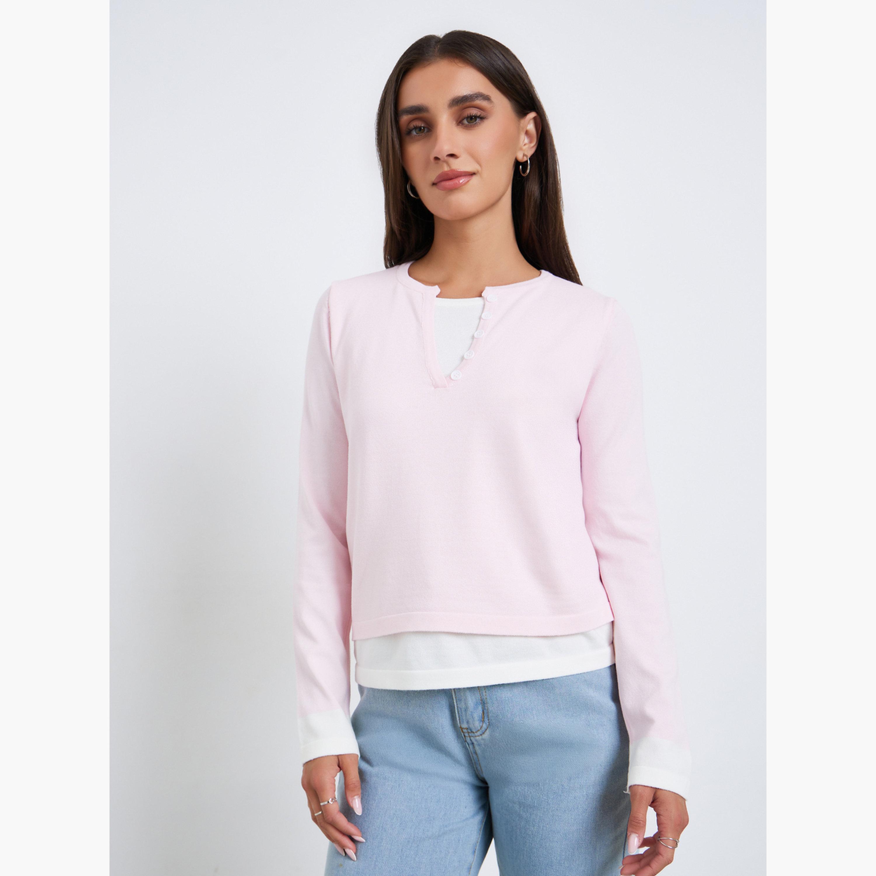 بلوزة وردي بأكمام طويلة بتصميم 2 في 1-women-clothing-tshirts-image-1