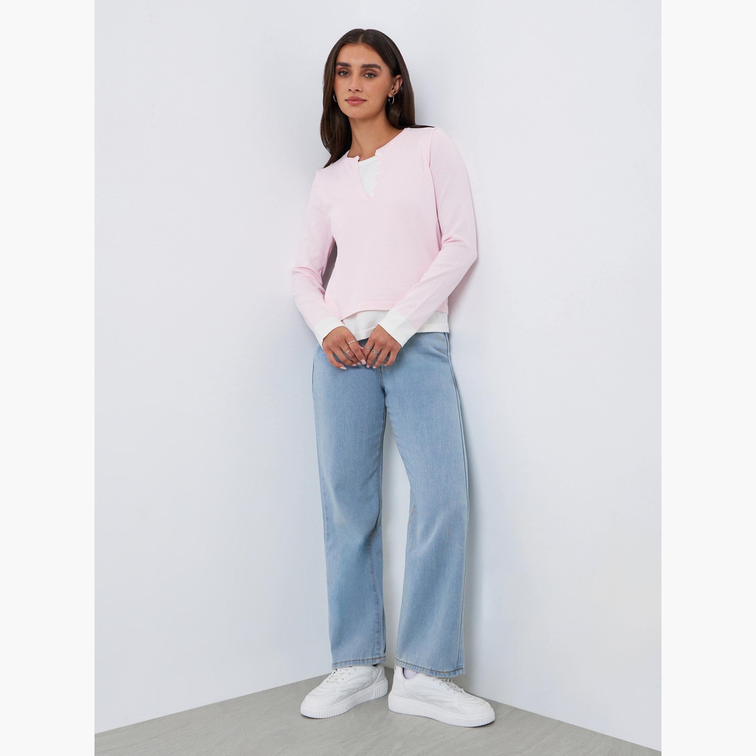 بلوزة وردي بأكمام طويلة بتصميم 2 في 1-women-clothing-tshirts-image-2