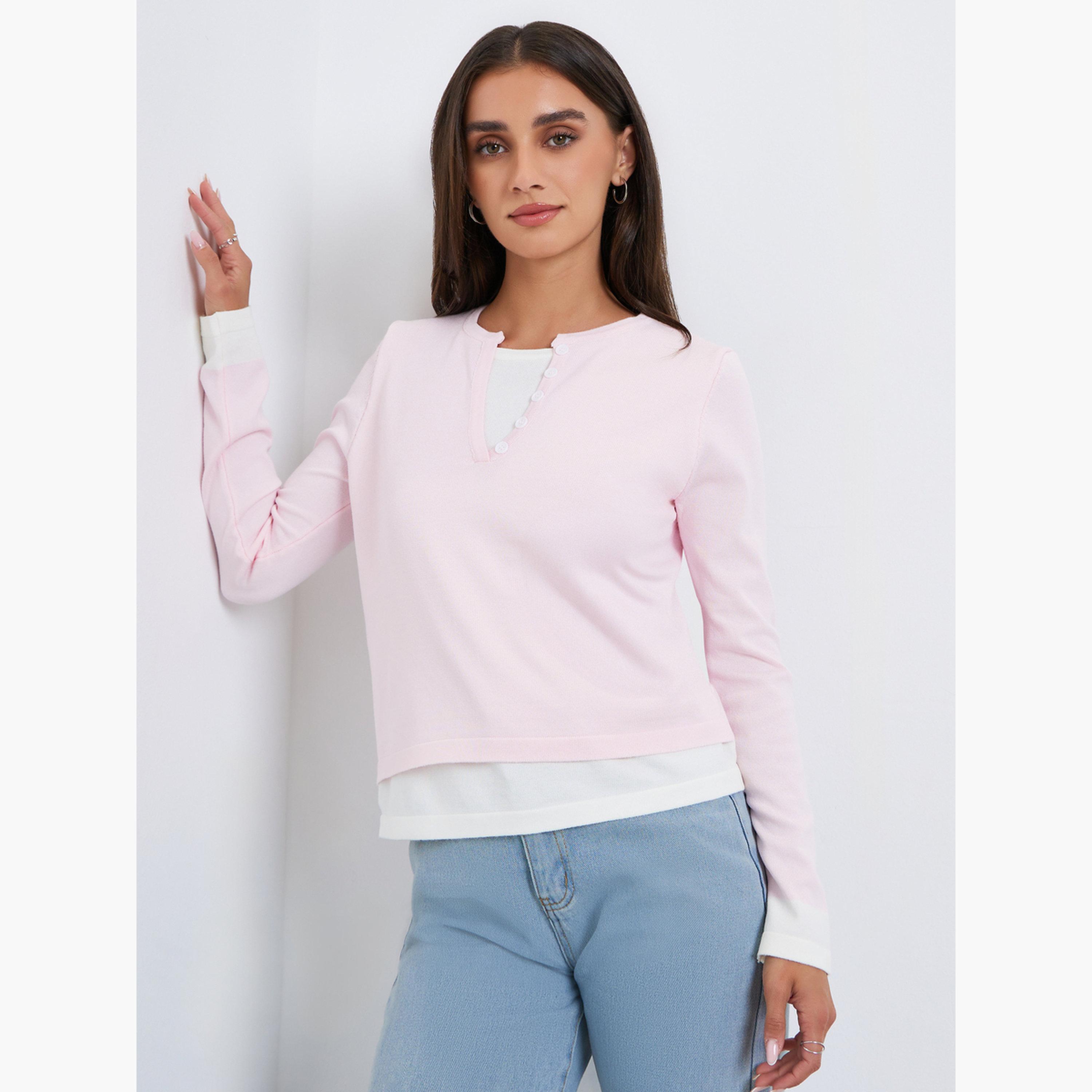 بلوزة وردي بأكمام طويلة بتصميم 2 في 1-women-clothing-tshirts-image-3