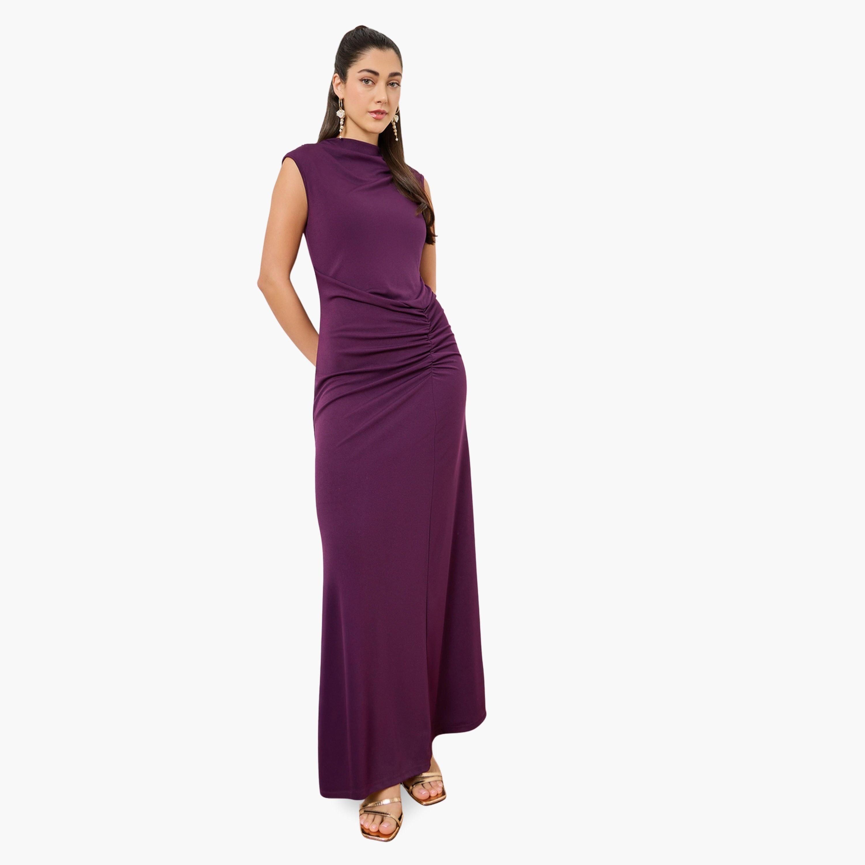 فستان طويل مزموم بلا أكمام بورغندي-women-clothing-dresses-image-1