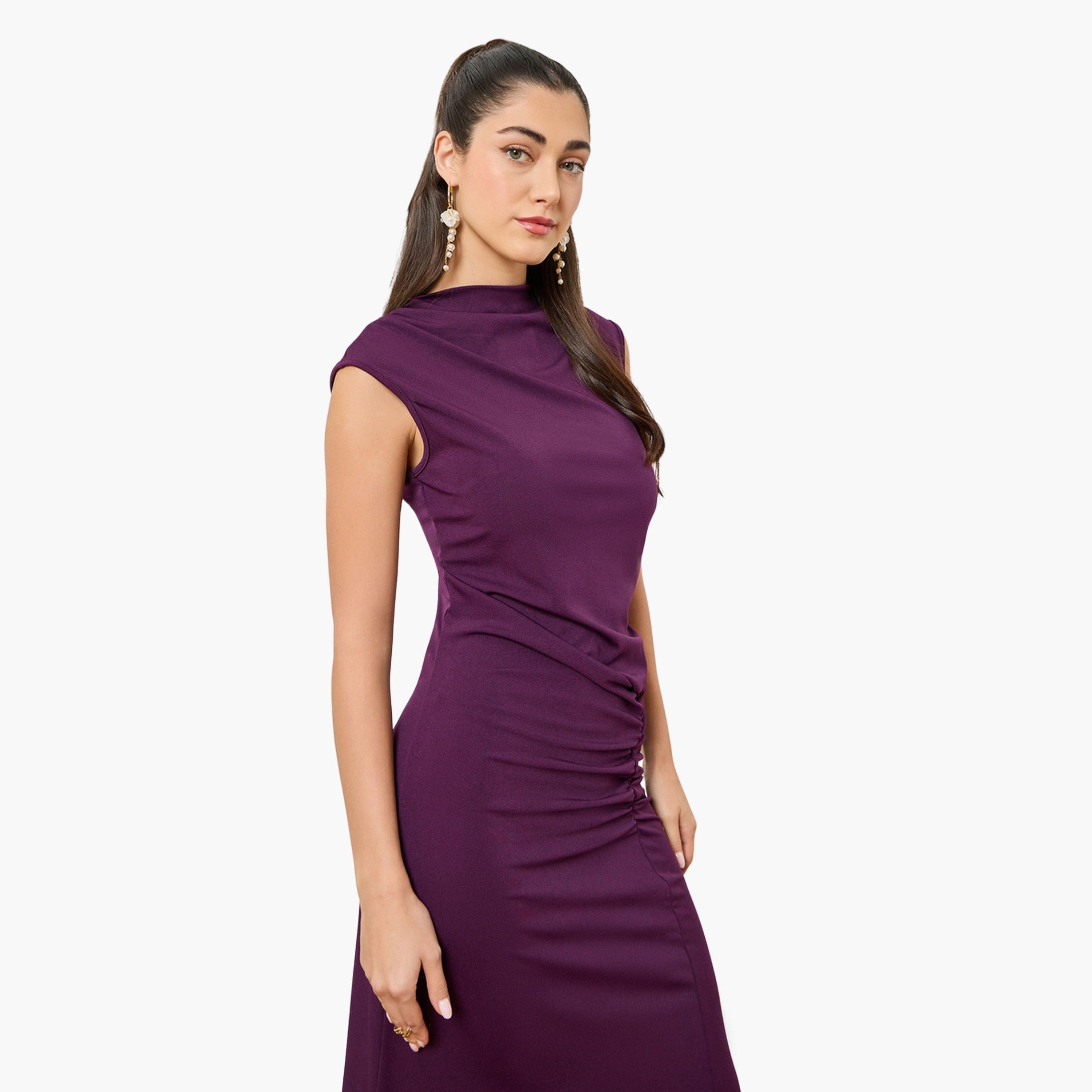 فستان طويل مزموم بلا أكمام بورغندي-women-clothing-dresses-image-2