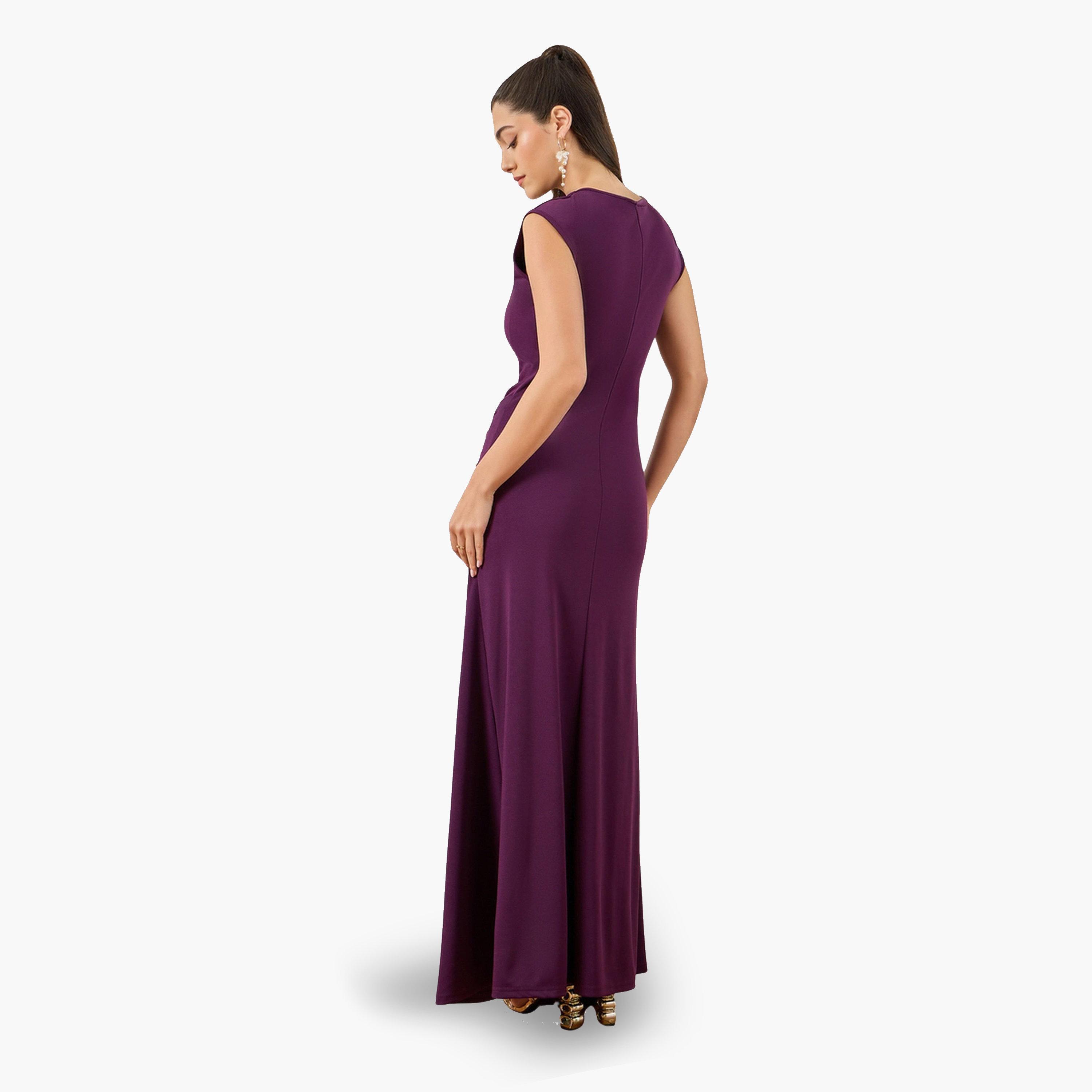 فستان طويل مزموم بلا أكمام بورغندي-women-clothing-dresses-image-4