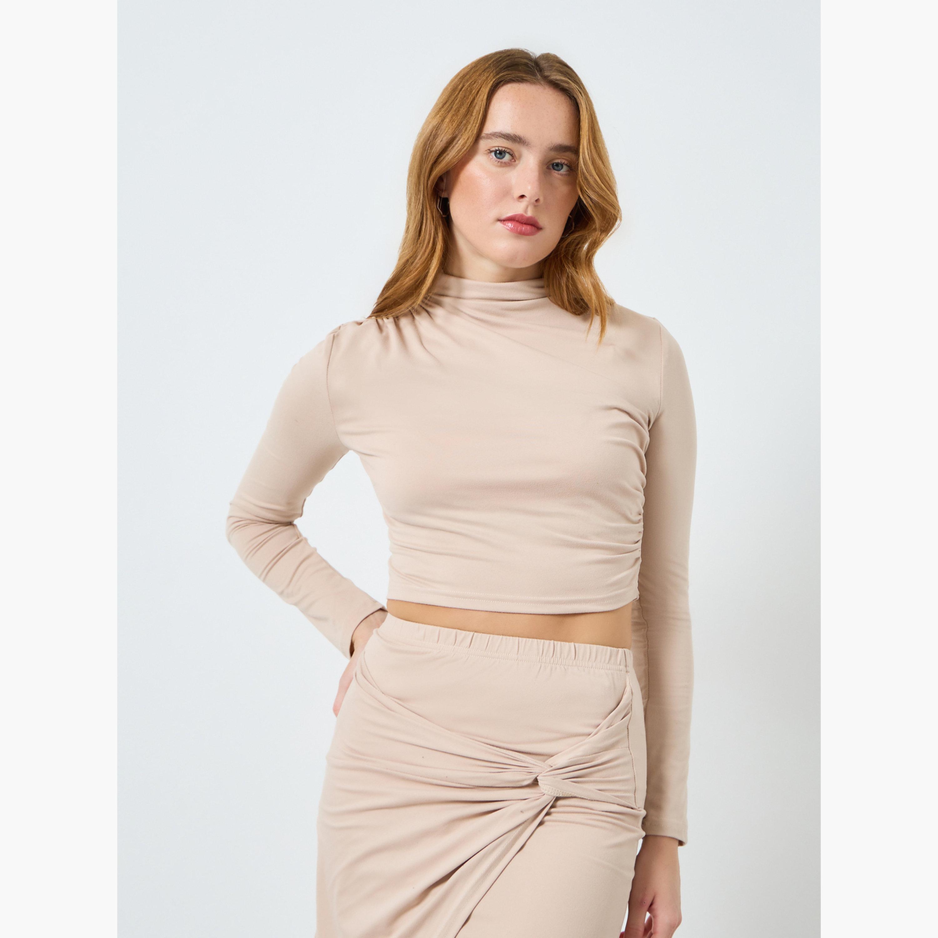 طقم بلوزة قصيرة بياقة عالية وتنورة بفتحة حافة للنساء-women-clothing-coordsets-image-2