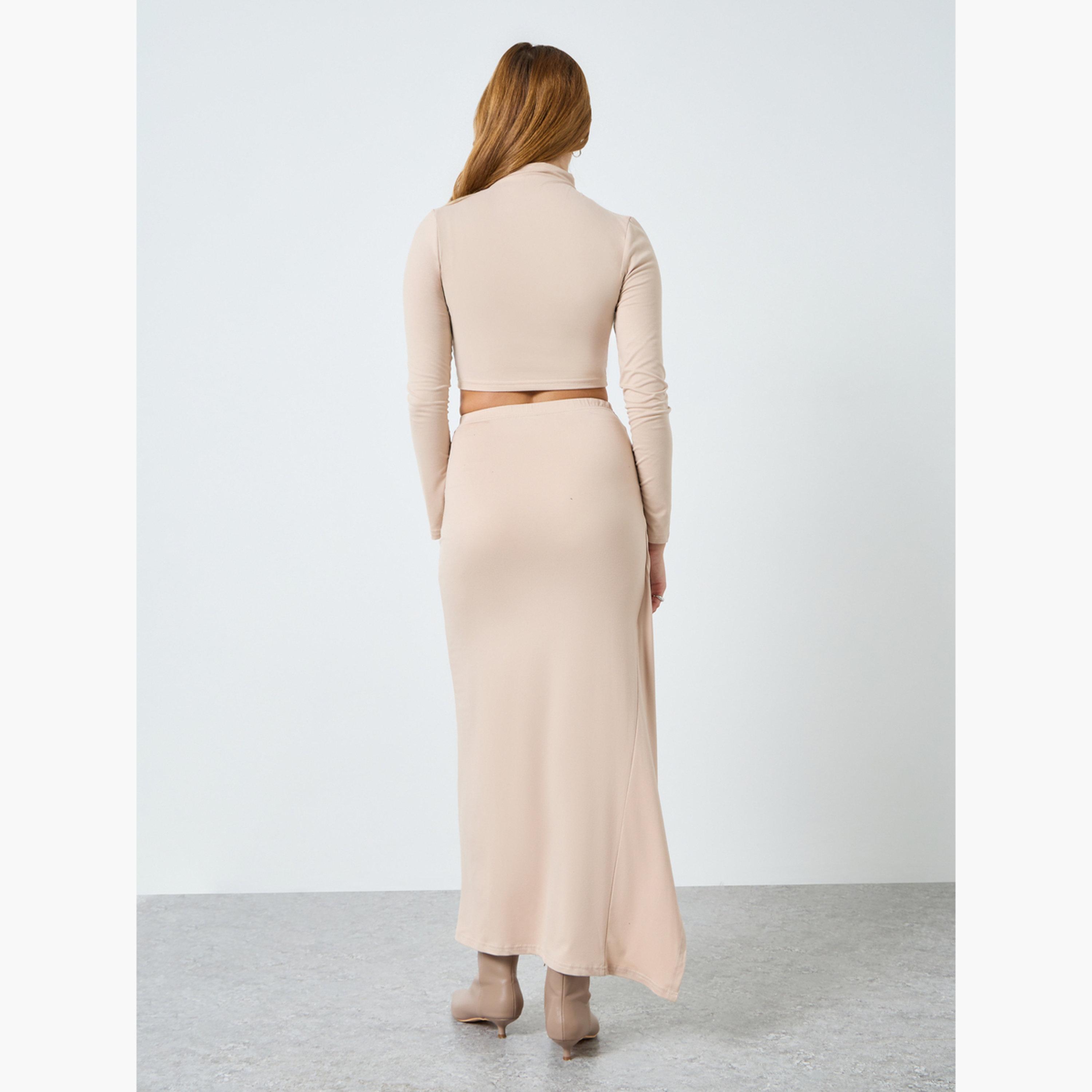 طقم بلوزة قصيرة بياقة عالية وتنورة بفتحة حافة للنساء-women-clothing-coordsets-image-4