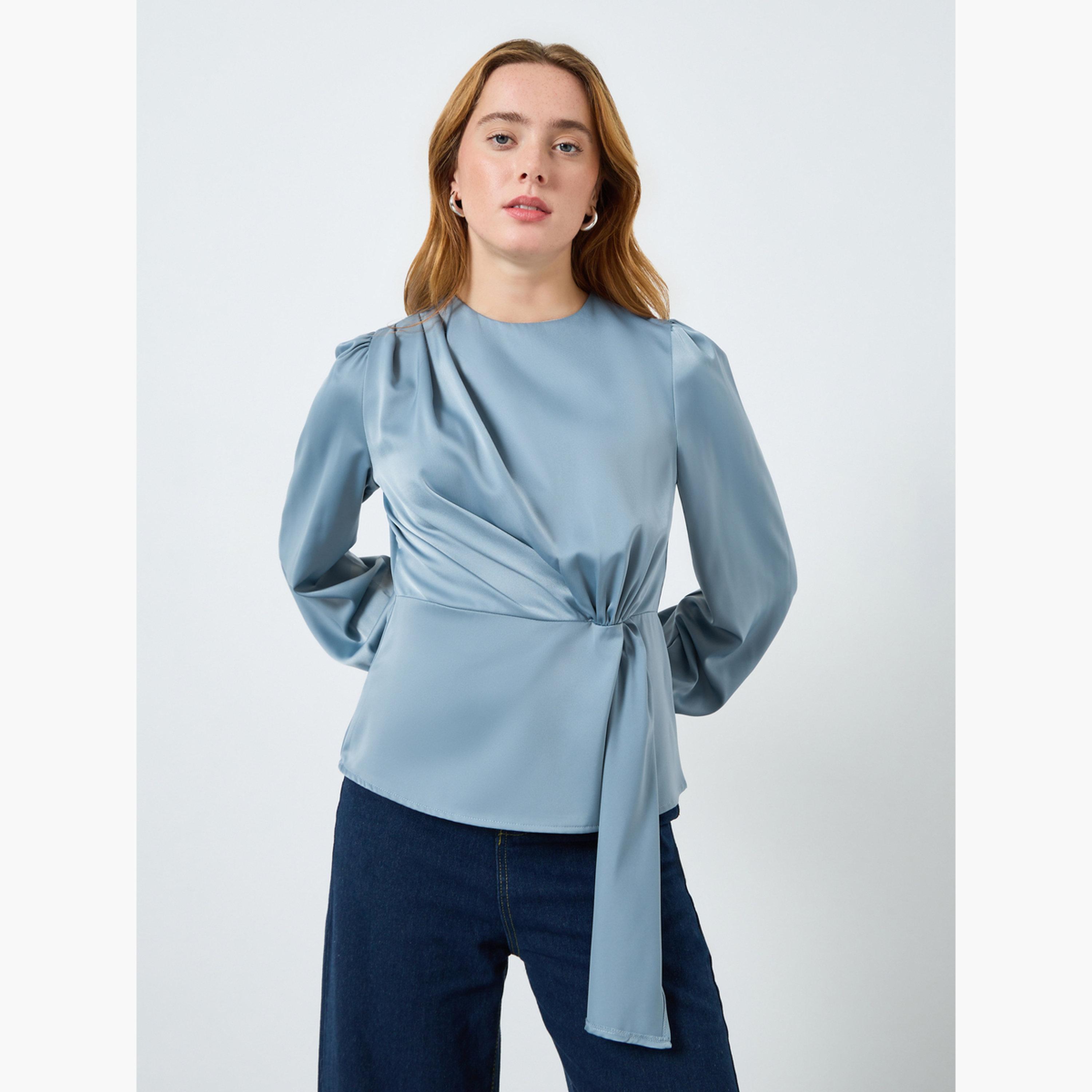 Take Two Women Solid Round Neck Ruched Top-women-clothing-shirtsandblouses-blouses-image-1
