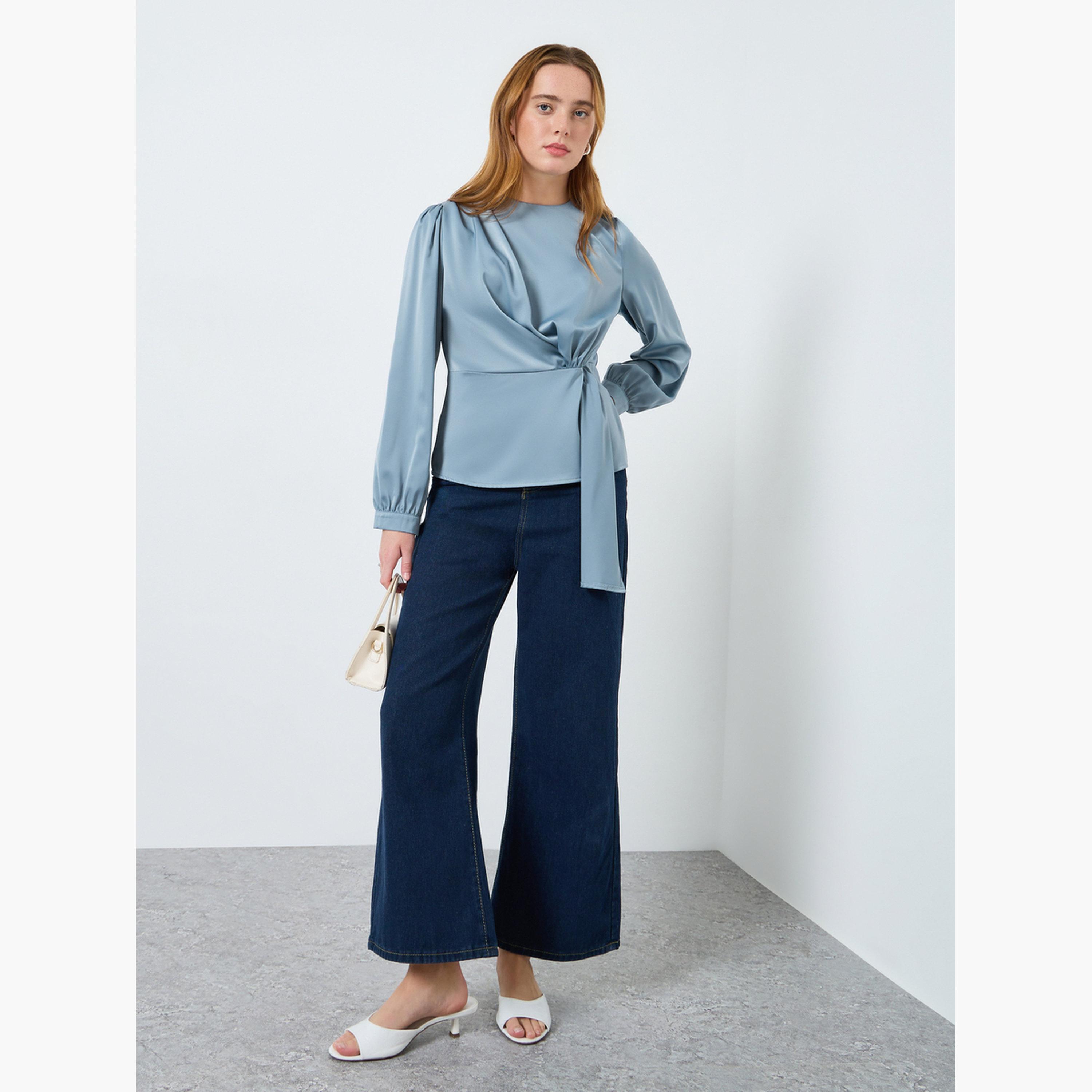 بلوزة مزمومة بياقة دائرية سادة-women-clothing-shirtsandblouses-blouses-image-2