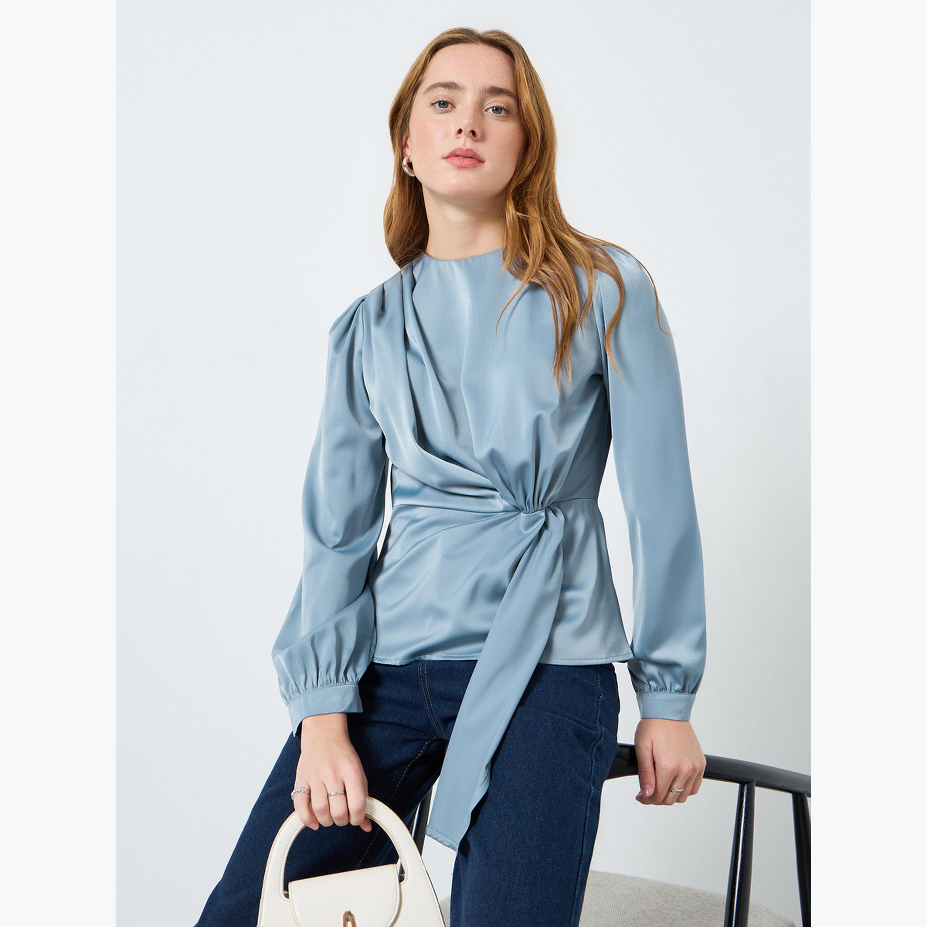 بلوزة مزمومة بياقة دائرية سادة-women-clothing-shirtsandblouses-blouses-image-3