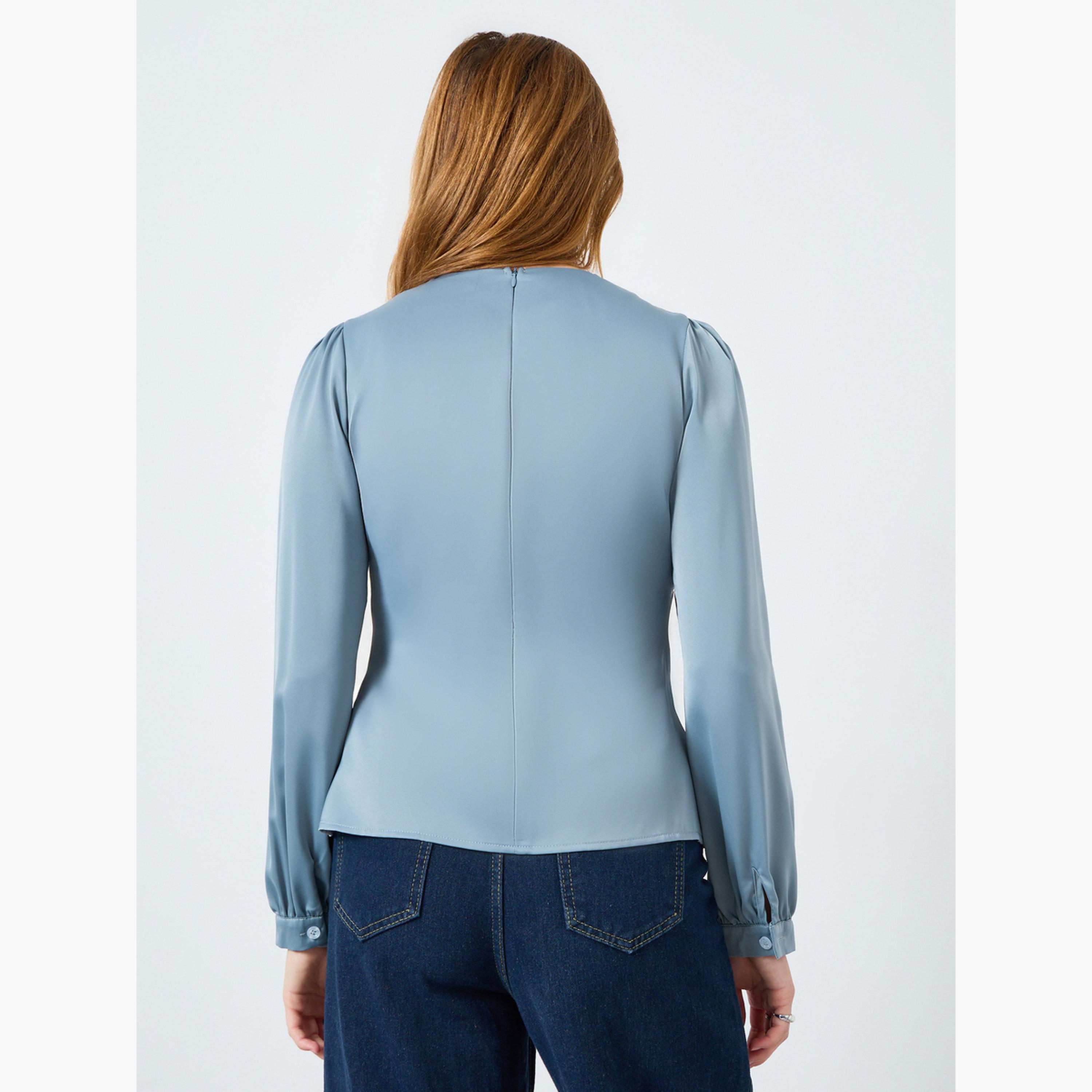 بلوزة مزمومة بياقة دائرية سادة-women-clothing-shirtsandblouses-blouses-image-5