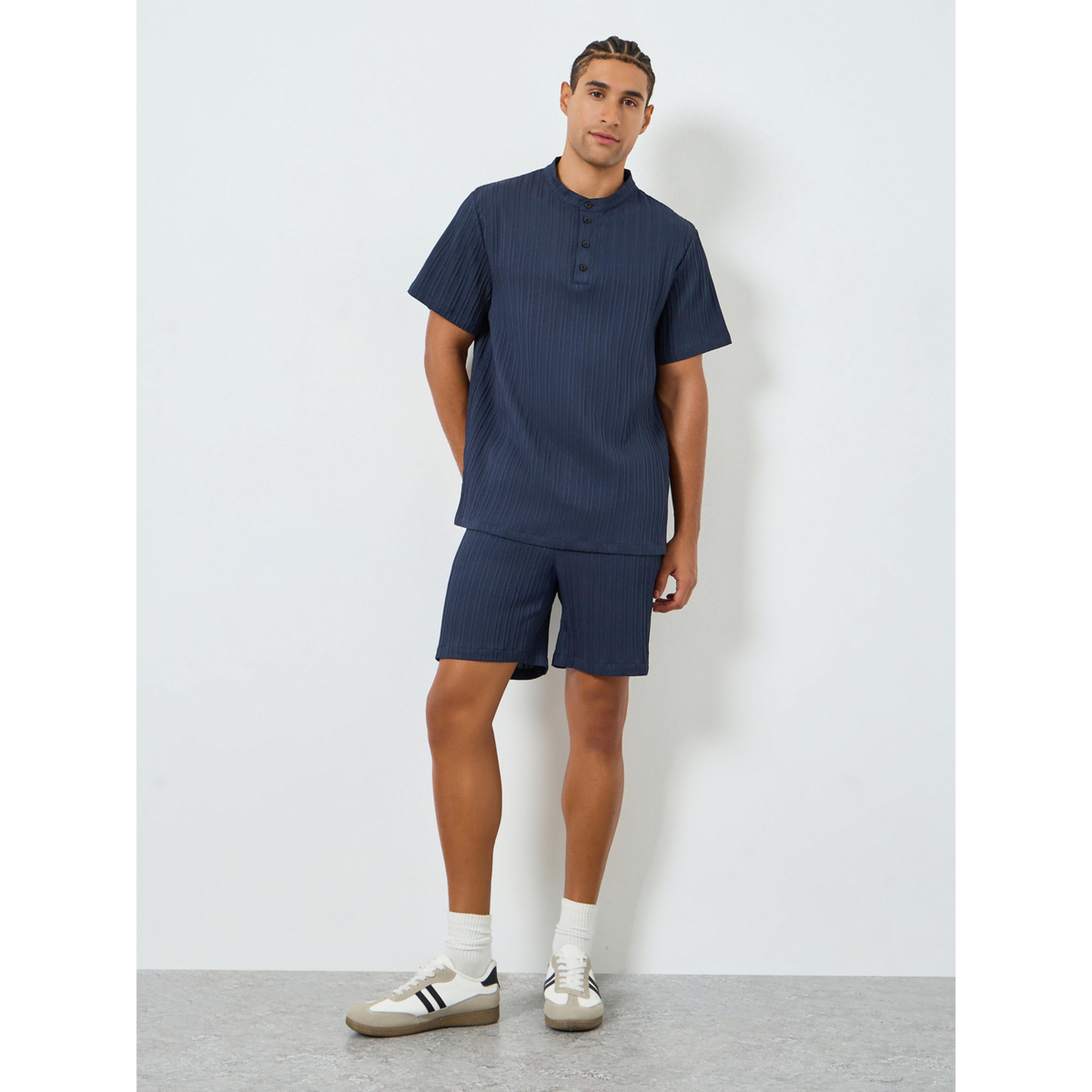 Take Two Men Navy Blue Textured T-Shirt and Shorts Co-Ords-men-clothing-coordsets-image-1