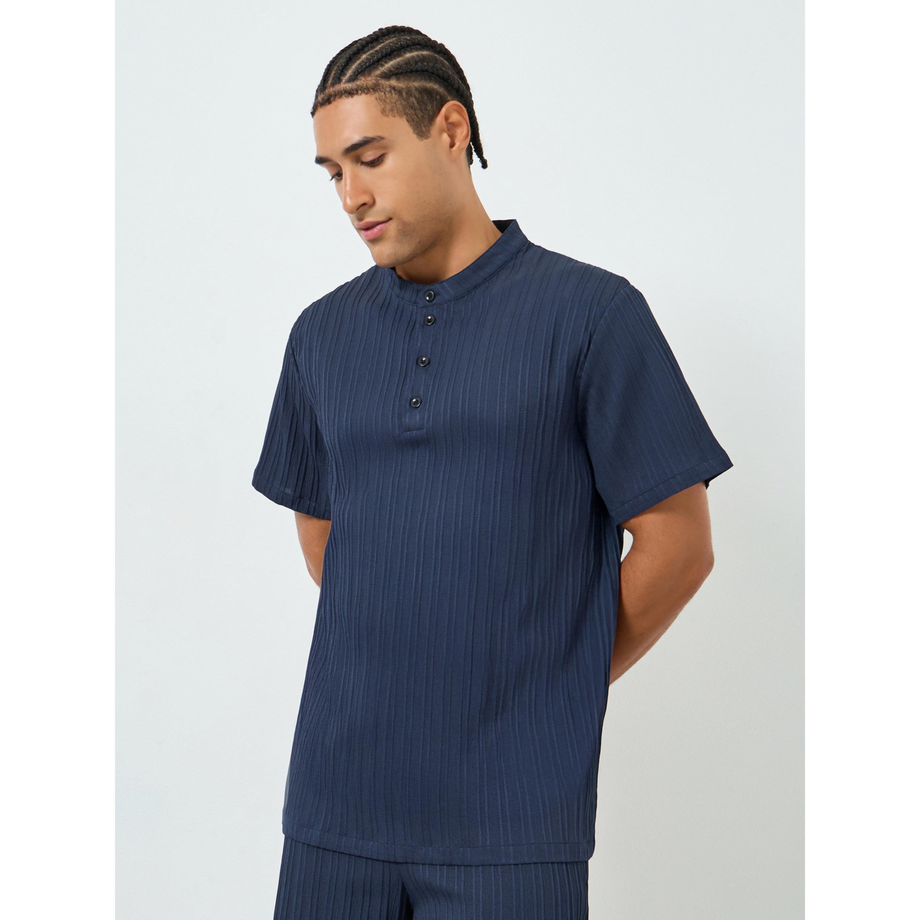 Take Two Men Navy Blue Textured T-Shirt and Shorts Co-Ords-men-clothing-coordsets-image-2