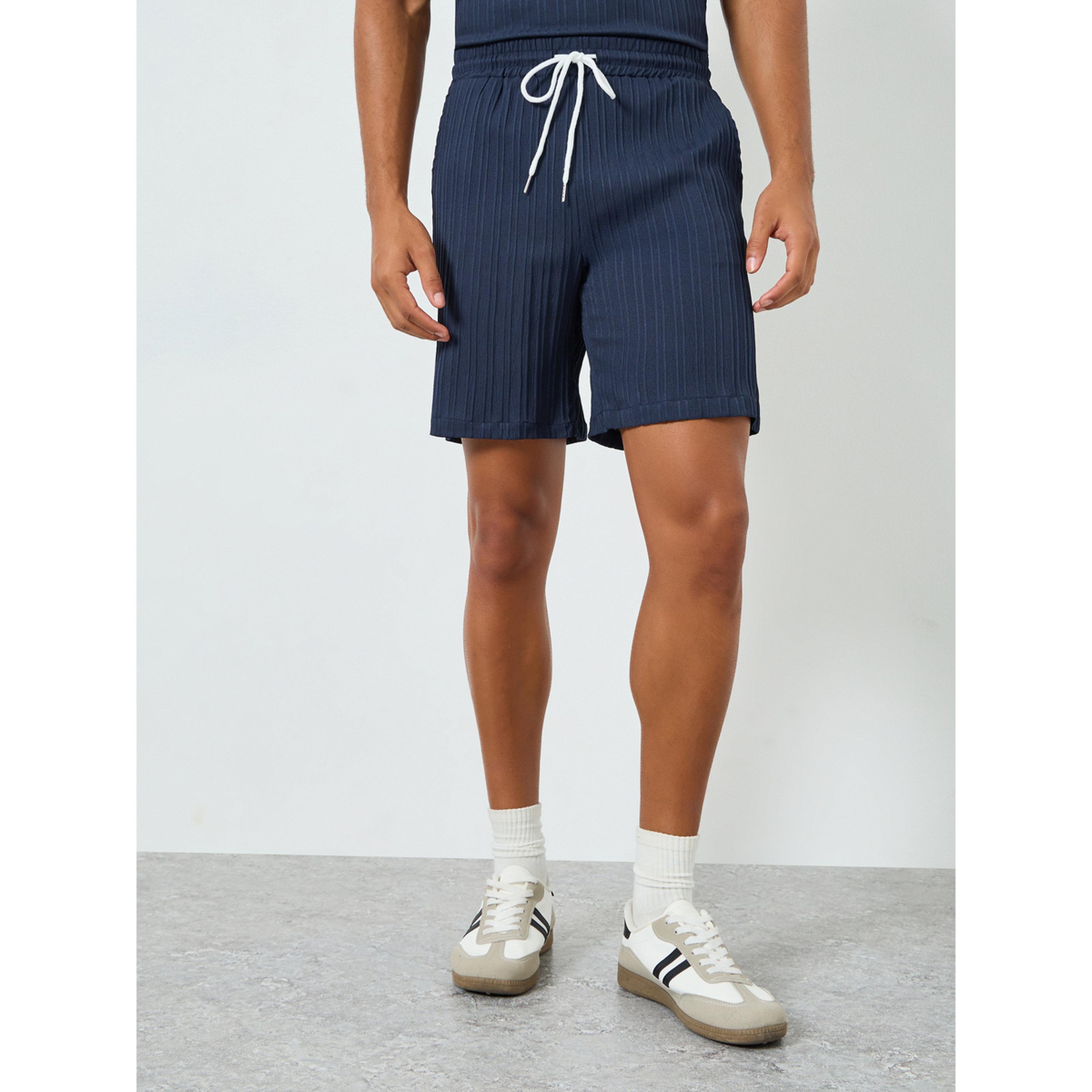 Take Two Men Navy Blue Textured T-Shirt and Shorts Co-Ords-men-clothing-coordsets-image-4