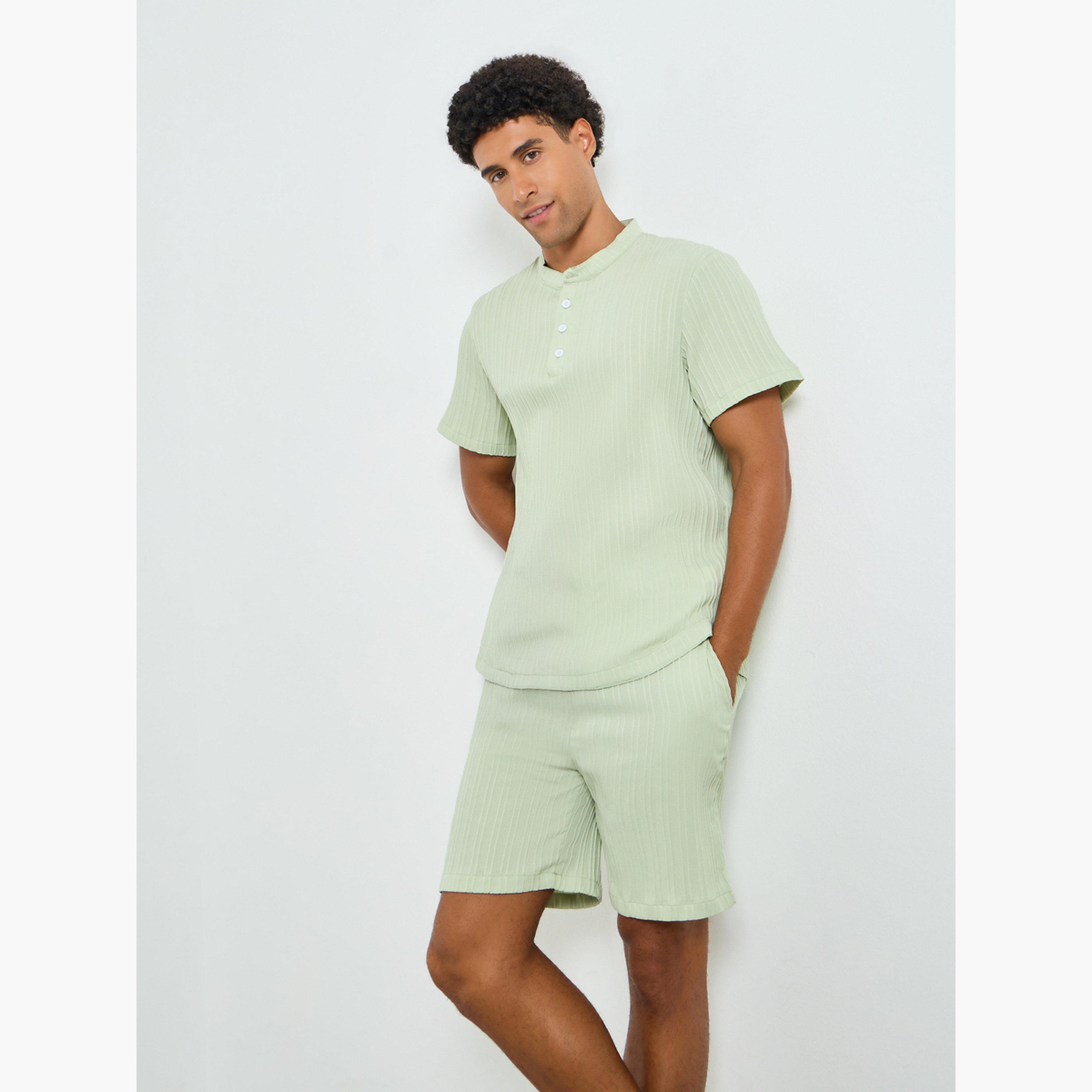 Take Two Men Green Textured Shirt and Shorts Co-Ords-men-clothing-coordsets-image-1