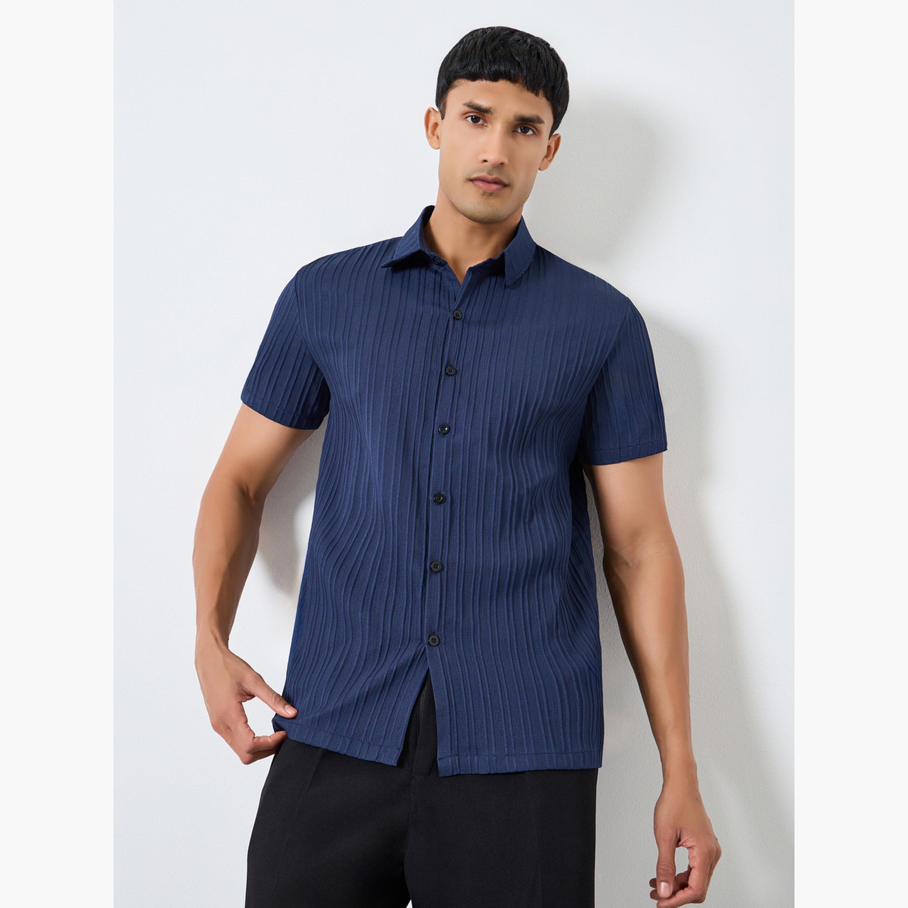 Take Two Men Navy Blue Solid Textured Short Sleeve Shirt-men-clothing-shirts-image-1