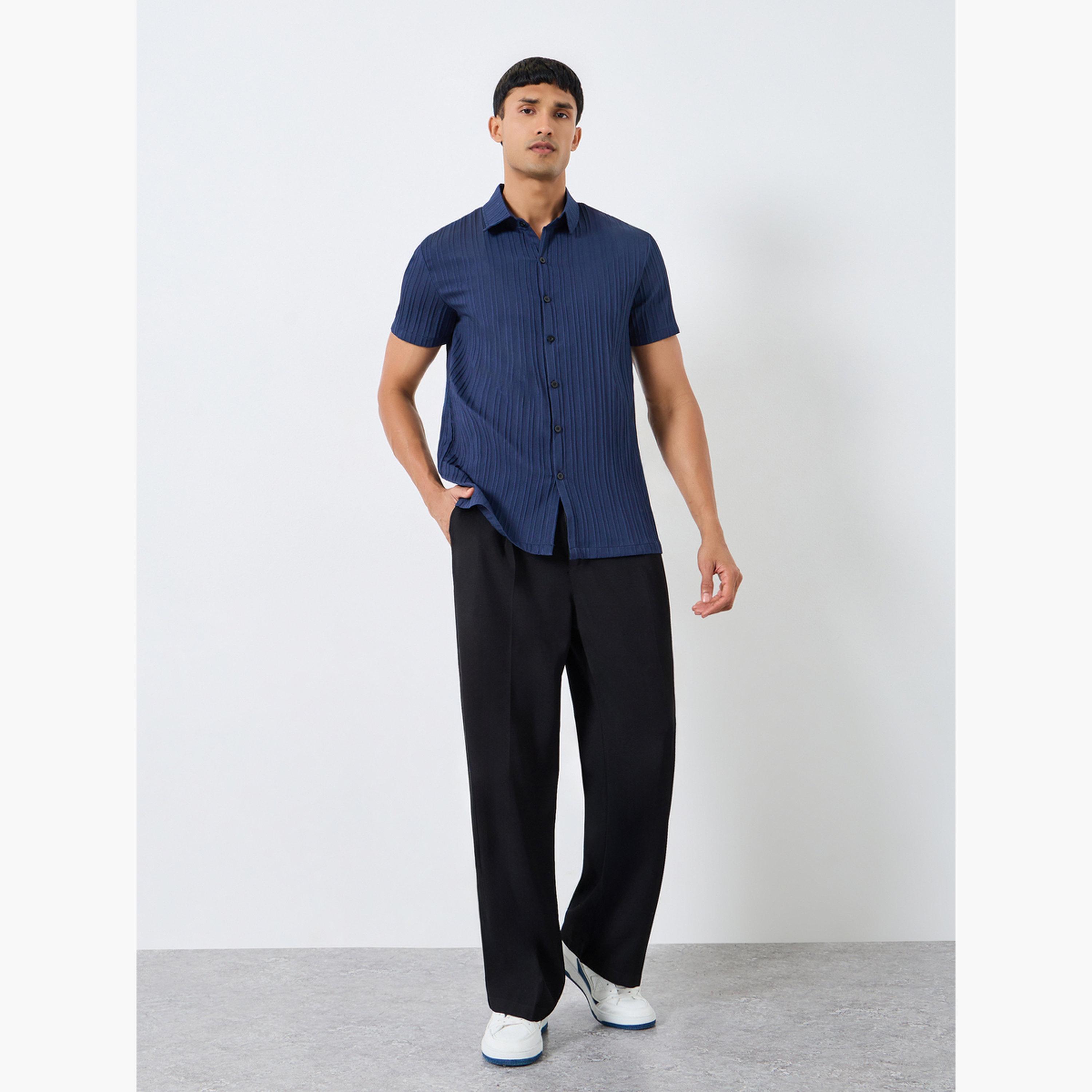 Take Two Men Navy Blue Solid Textured Short Sleeve Shirt-men-clothing-shirts-image-2