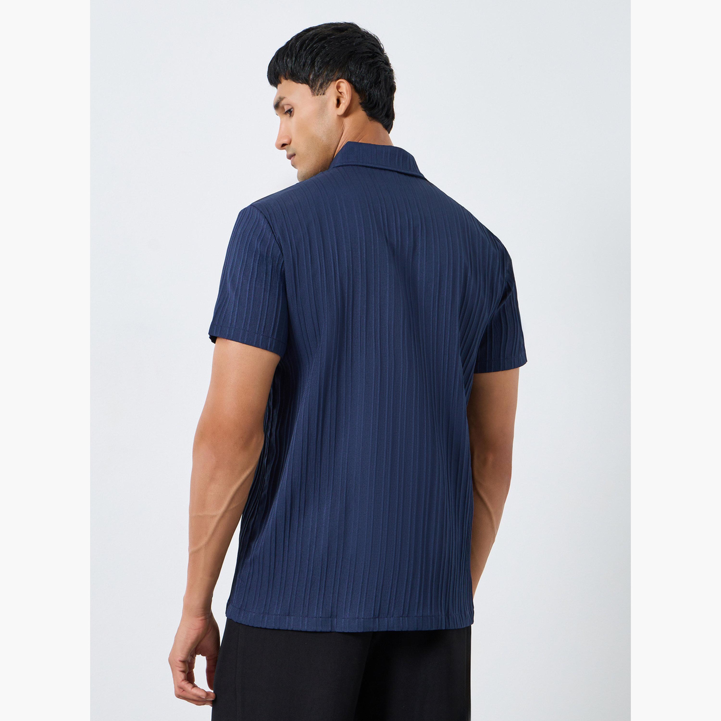 Take Two Men Navy Blue Solid Textured Short Sleeve Shirt-men-clothing-shirts-image-4