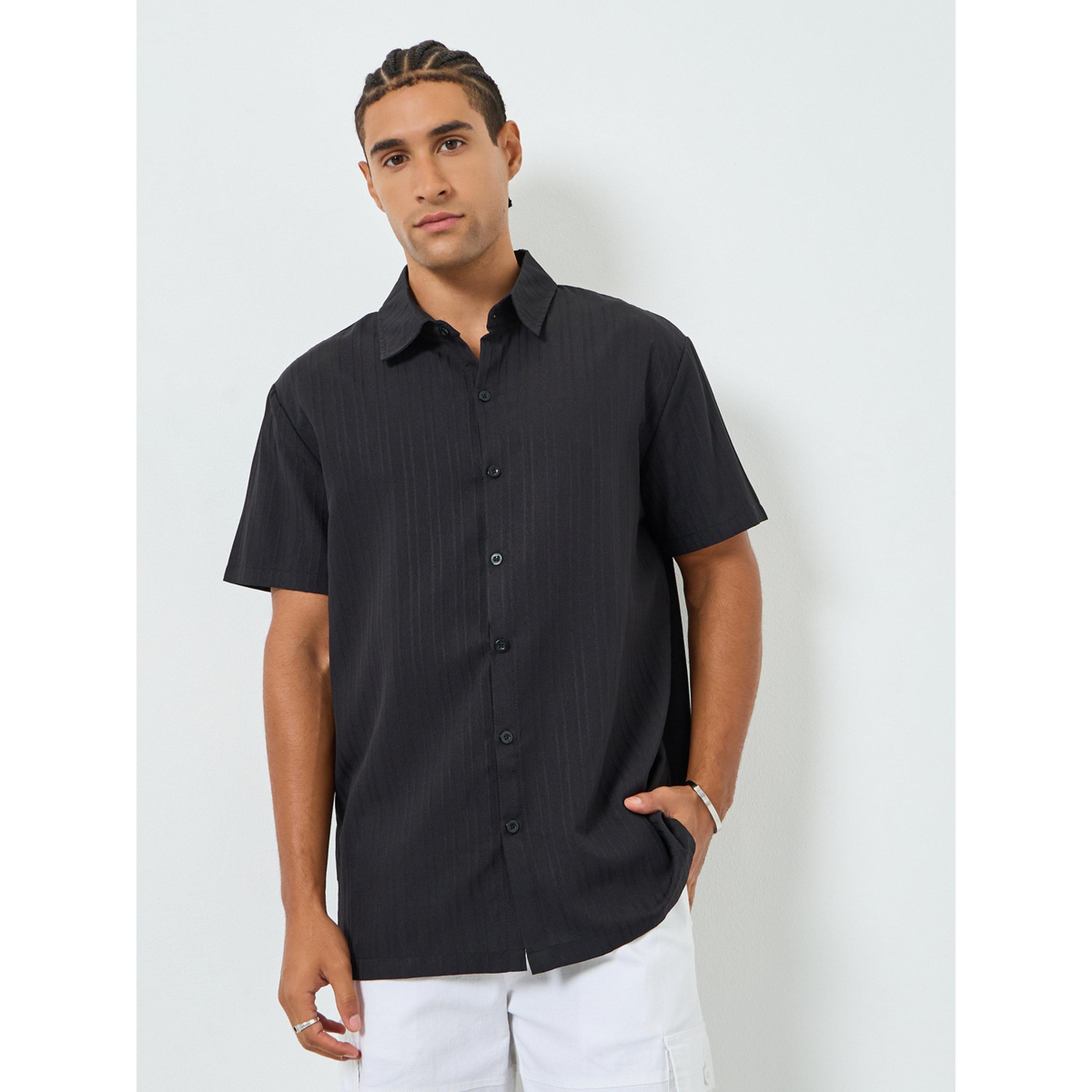 Take Two Men Black Textured Short Sleeve Shirt-men-clothing-shirts-image-1