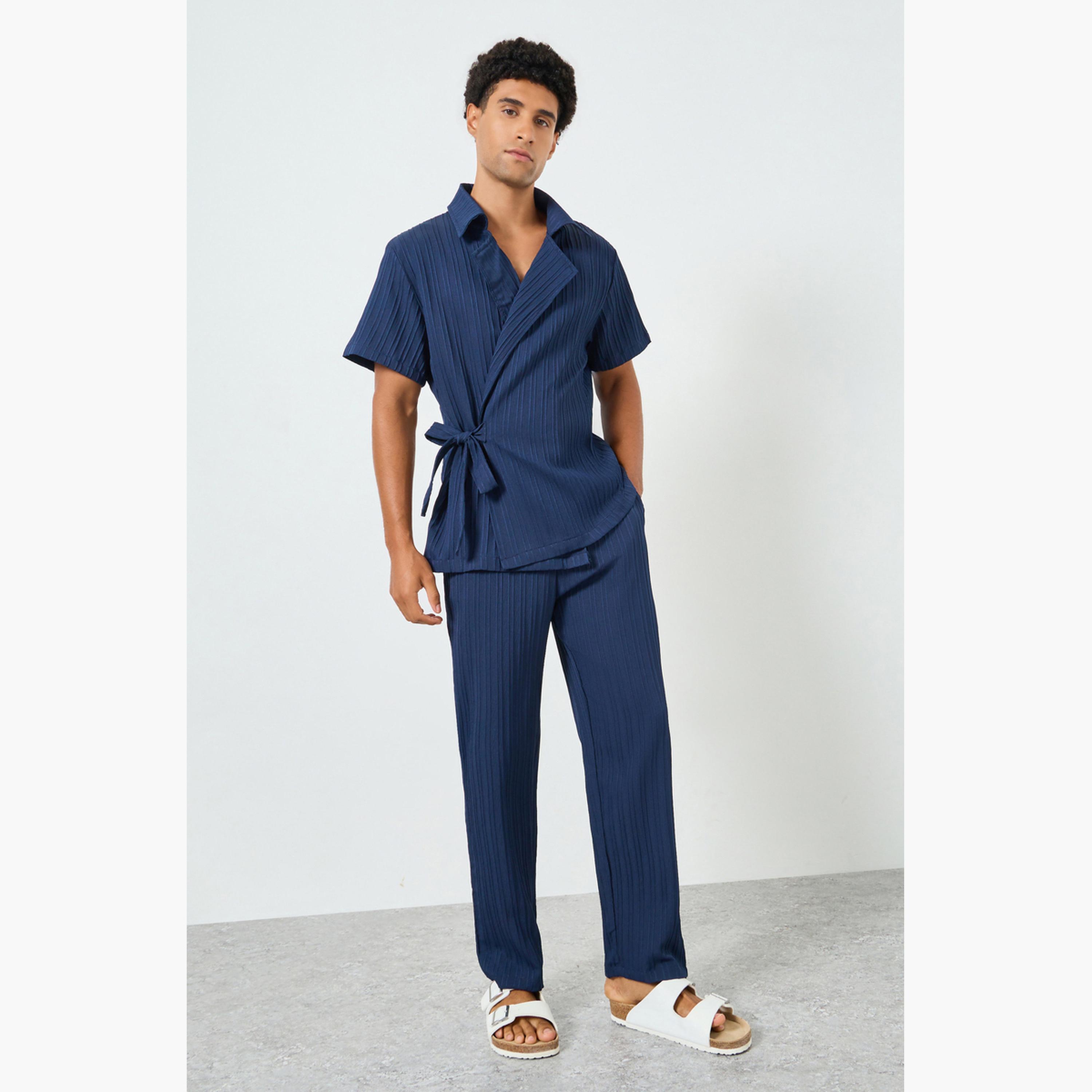 Take Two Men Navy Blue Tie-Up Short Shirt and Pants Co-Ords-men-clothing-coordsets-image-1