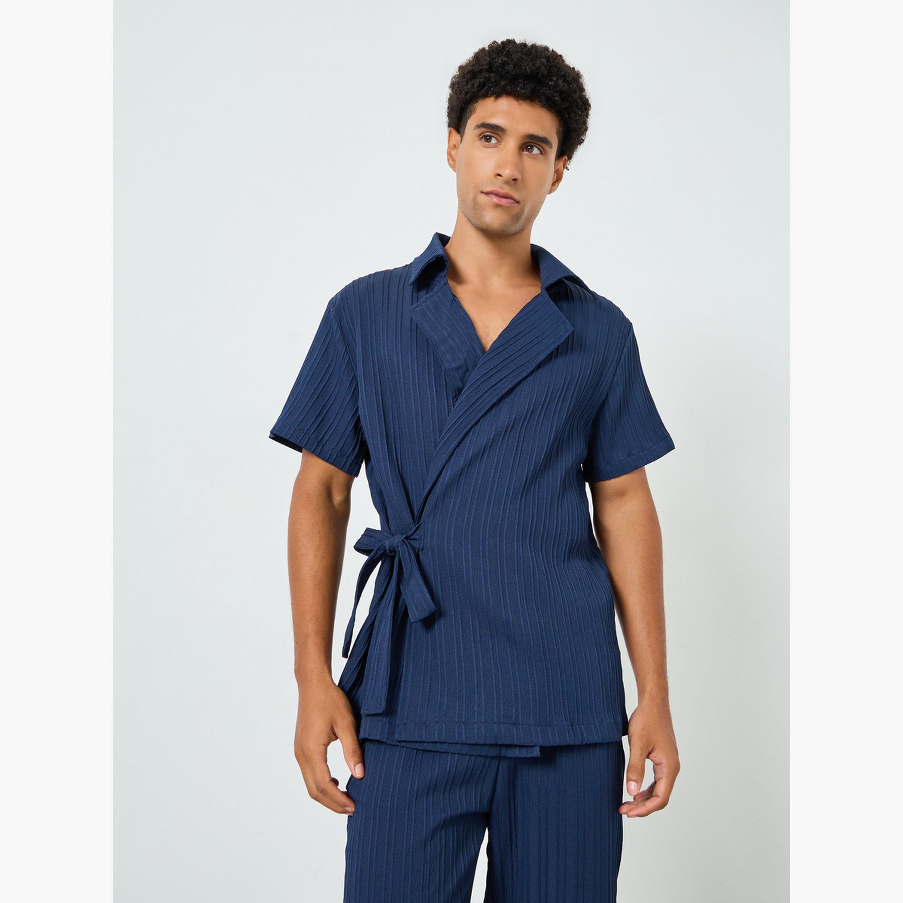 Take Two Men Navy Blue Tie-Up Short Shirt and Pants Co-Ords-men-clothing-coordsets-image-2