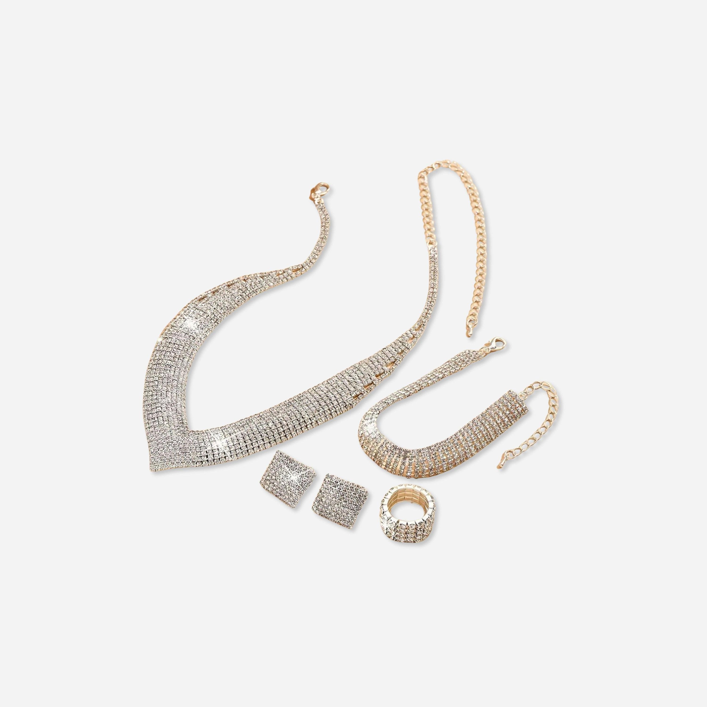 تيك تو - طقم عقد وخاتم وأقراط وسوار من أحجار الراين الفضية اللامعة-women-watchesandjewellery-jewellery-jewellerysets-image-1