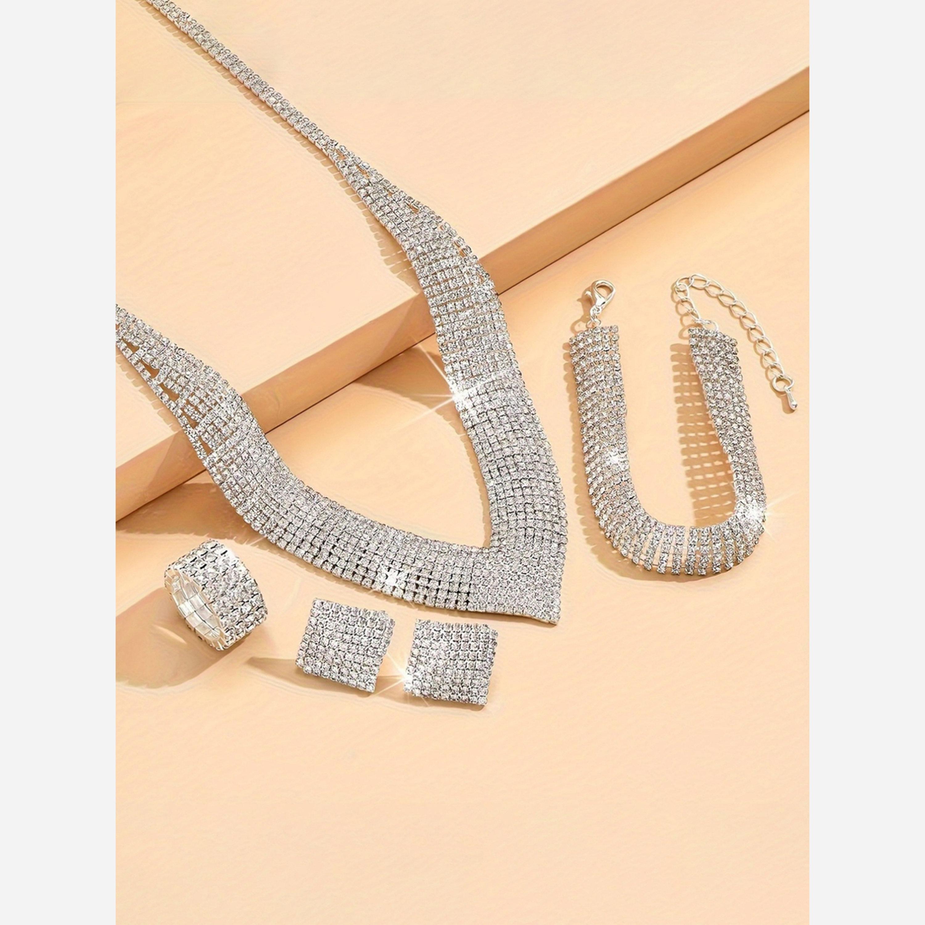 تيك تو - طقم عقد وخاتم وأقراط وسوار من أحجار الراين الفضية اللامعة-women-watchesandjewellery-jewellery-jewellerysets-image-3