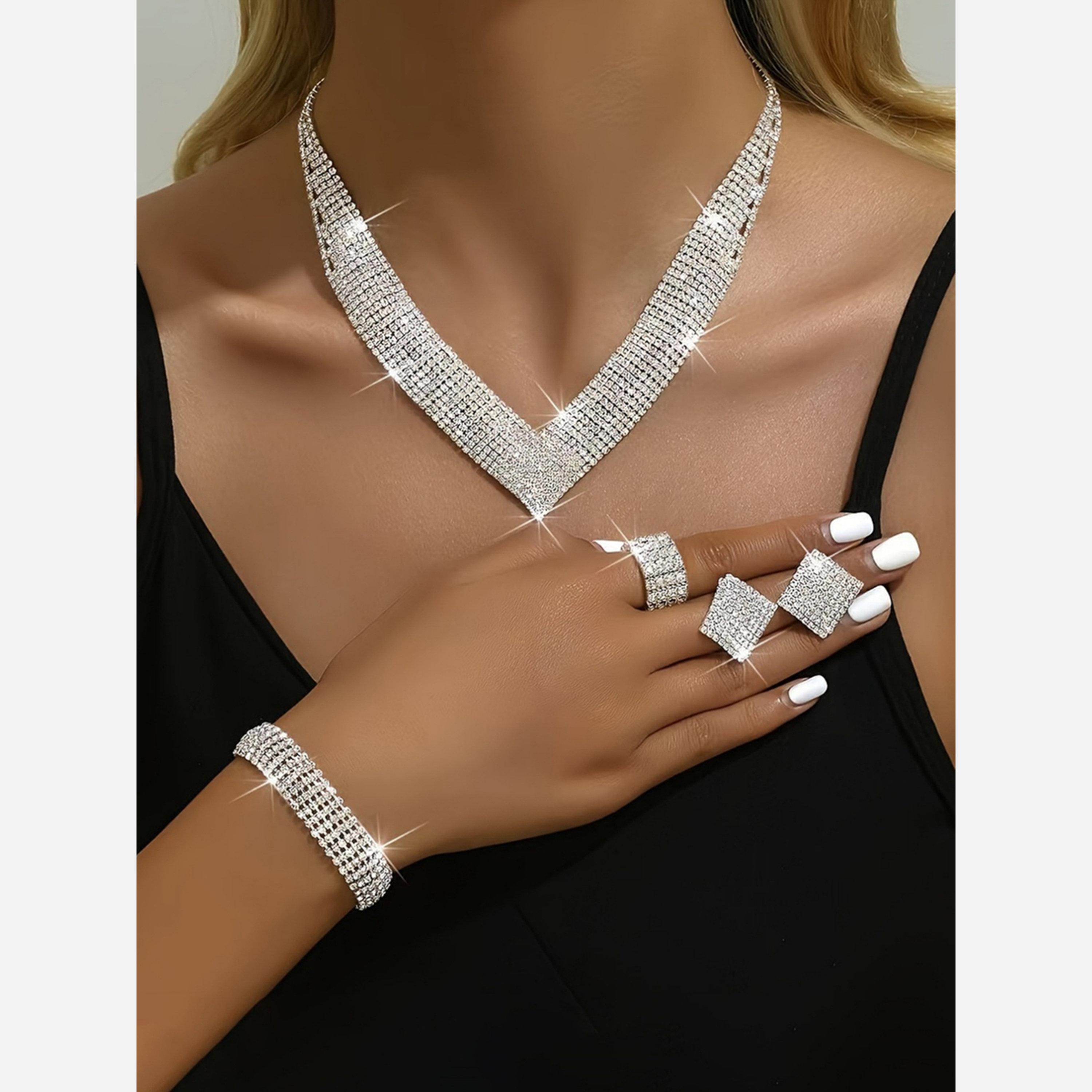 Take Two Sparkling Silver Rhinestone Necklace and Ring with Earrings and Bracelet Set-women-watchesandjewellery-jewellery-jewellerysets-image-4