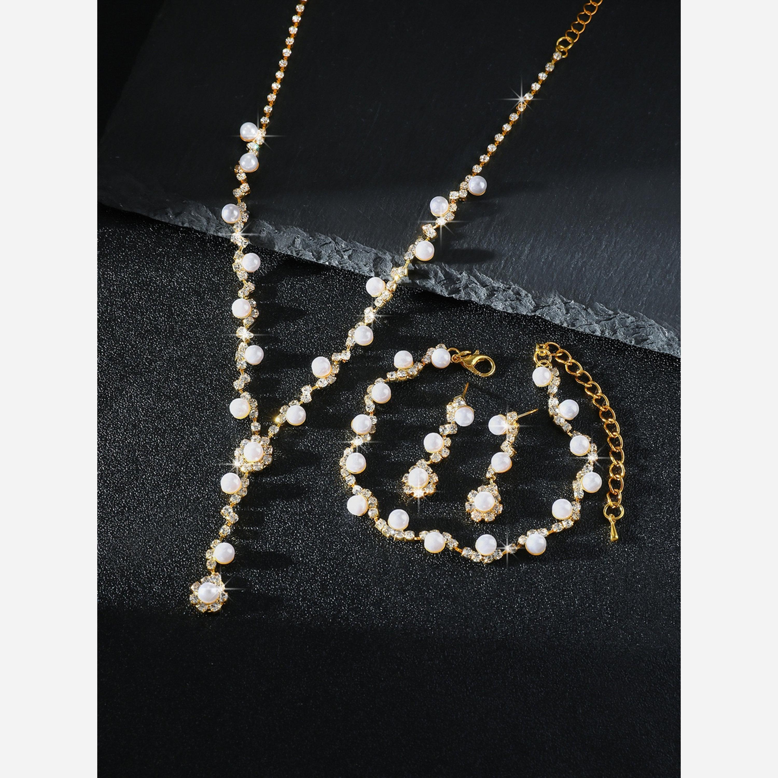 تيك تو - طقم عقد من اللؤلؤ الذهبي مع سوار وأقراط-women-watchesandjewellery-jewellery-jewellerysets-image-3