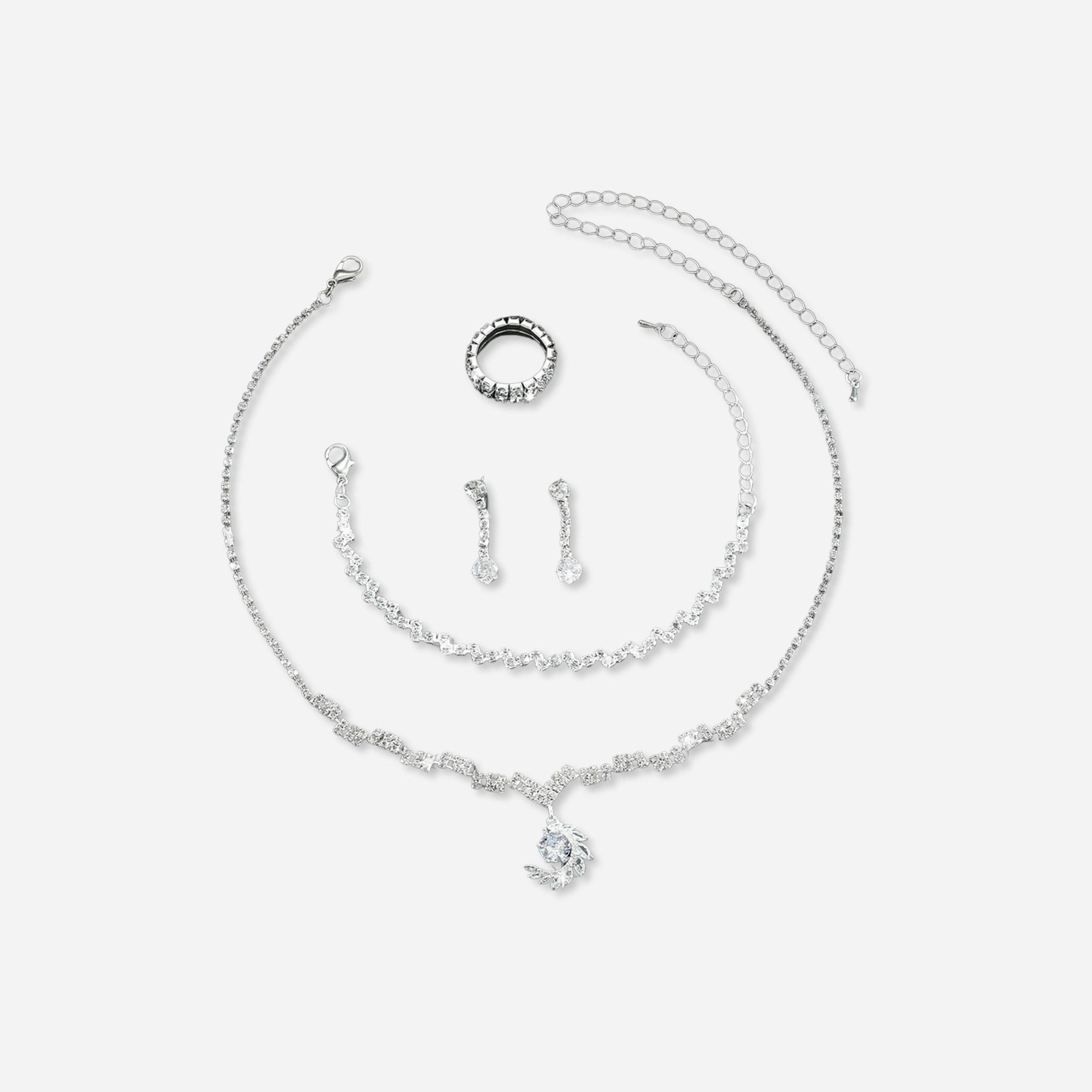 Take Two Silver Crystal Necklace with Earrings and Bracelet and Ring Set-women-watchesandjewellery-jewellery-jewellerysets-image-1
