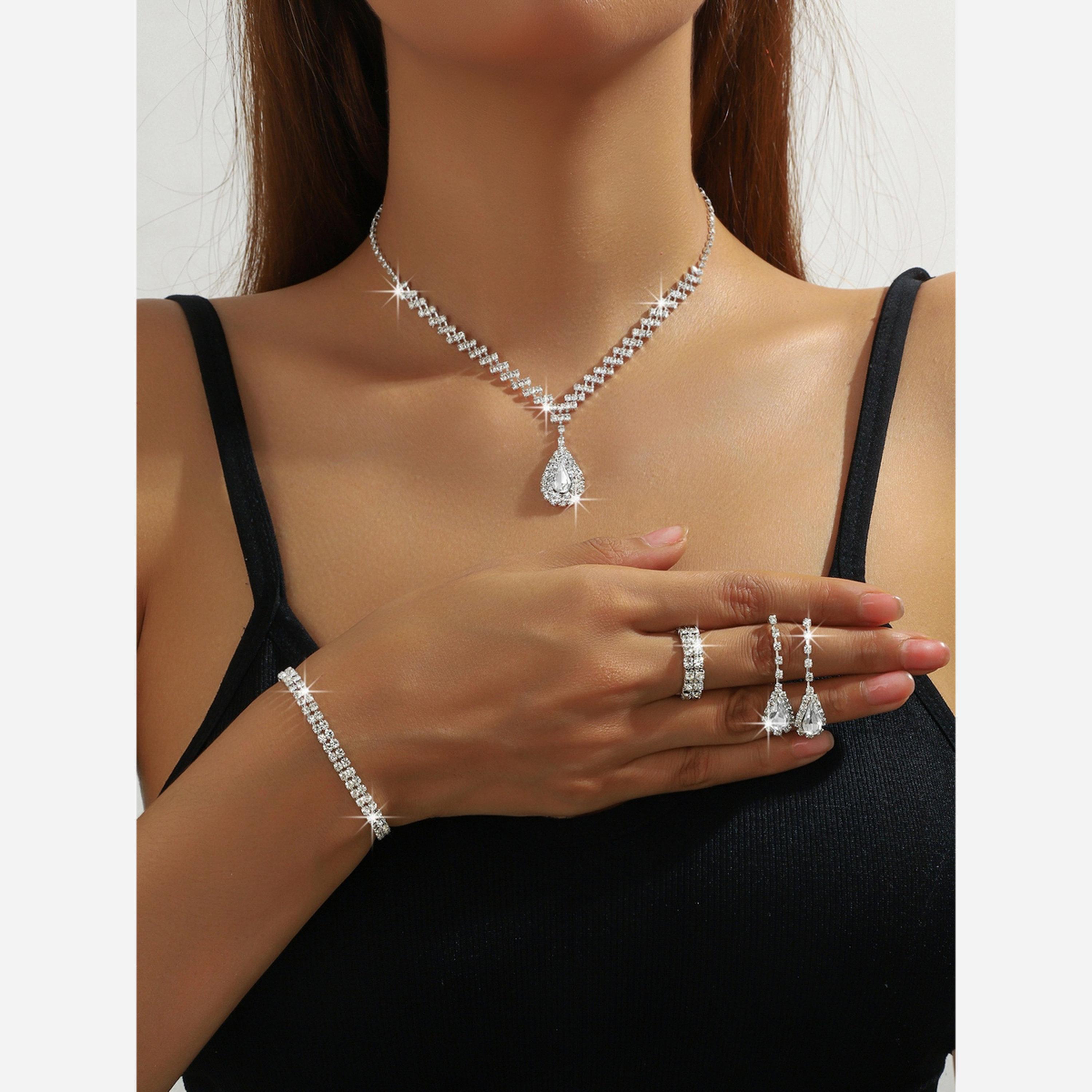 Take Two Silver Crystal Necklace with Earrings and Bracelet and Ring Set-women-watchesandjewellery-jewellery-jewellerysets-image-2