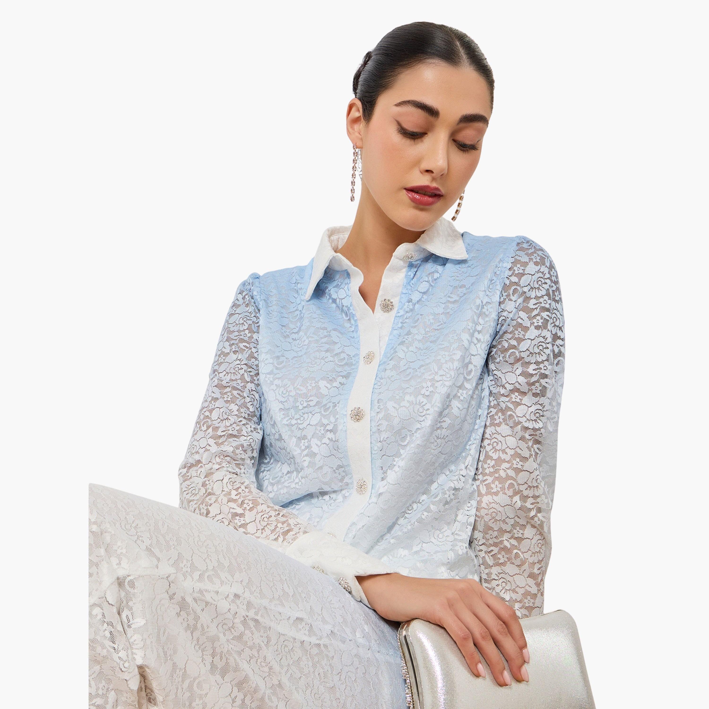 Styli Women Blue Ombre Print Lace Shirt-women-clothing-shirtsandblouses-shirts-image-3